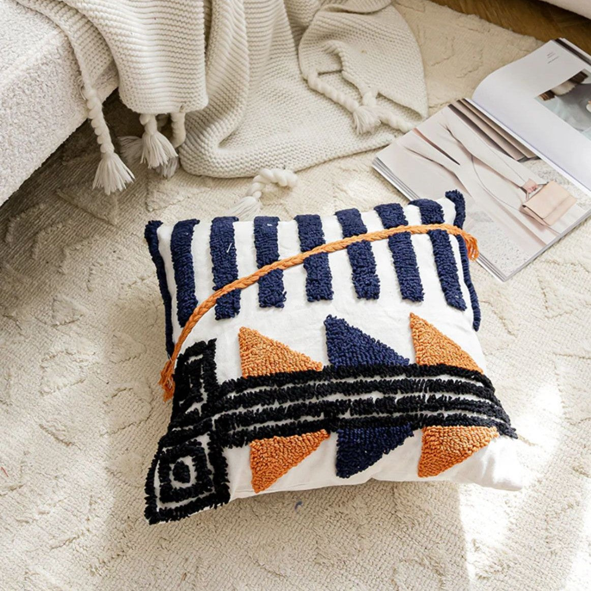Cannon Navy & Orange Geometric Polycotton Cushion – 45x45 cm