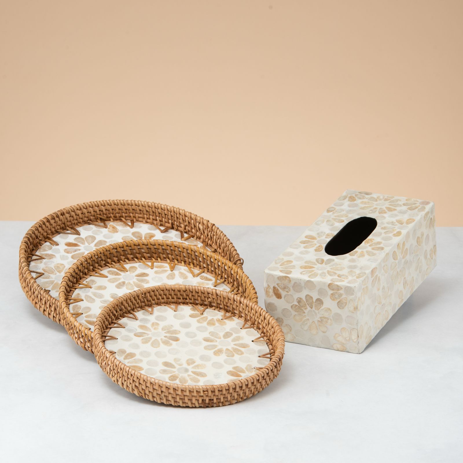 Crafted rattan round trays -white leaf and tissue box
