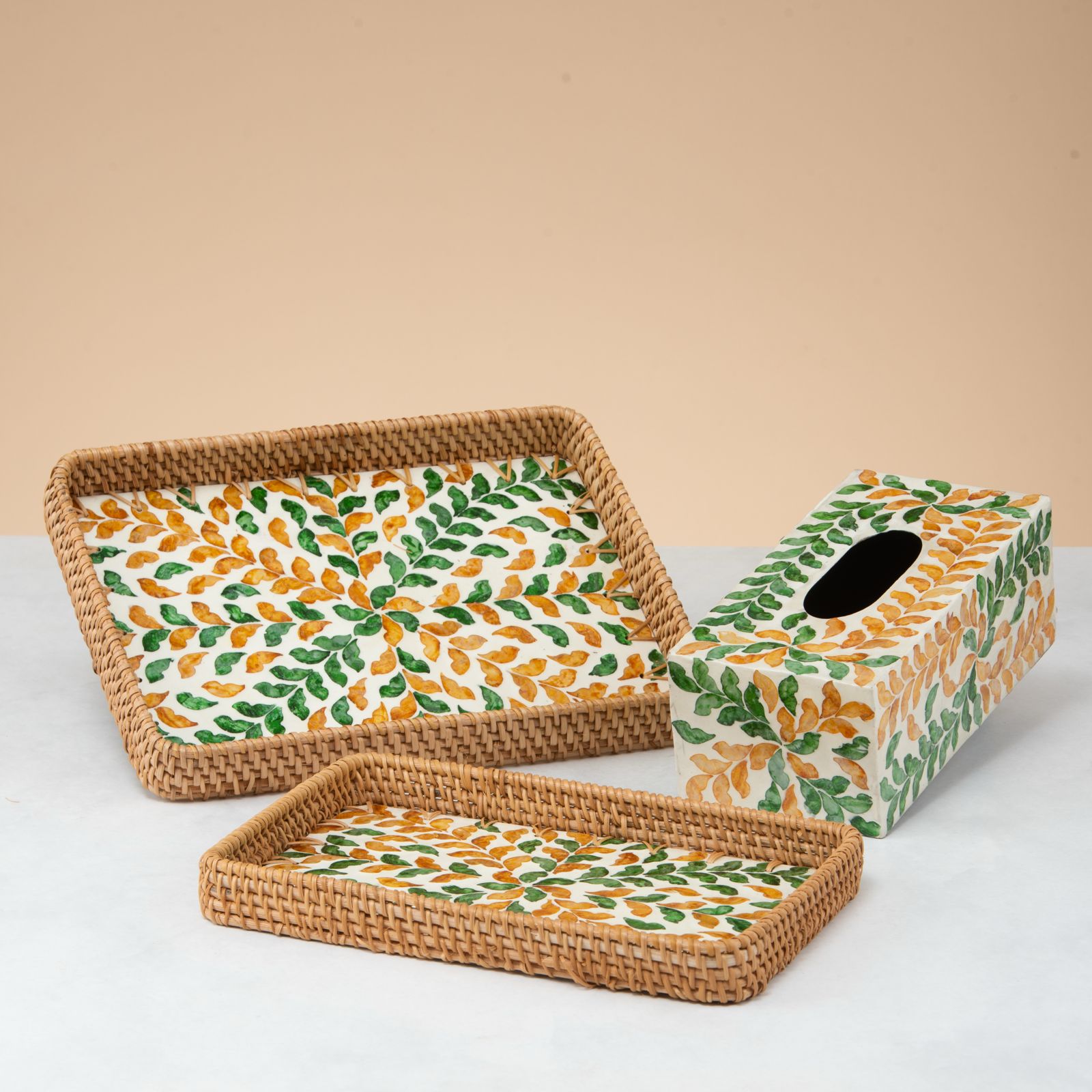 Crafted rattan rectangular trays -green leaf shape and tissue box