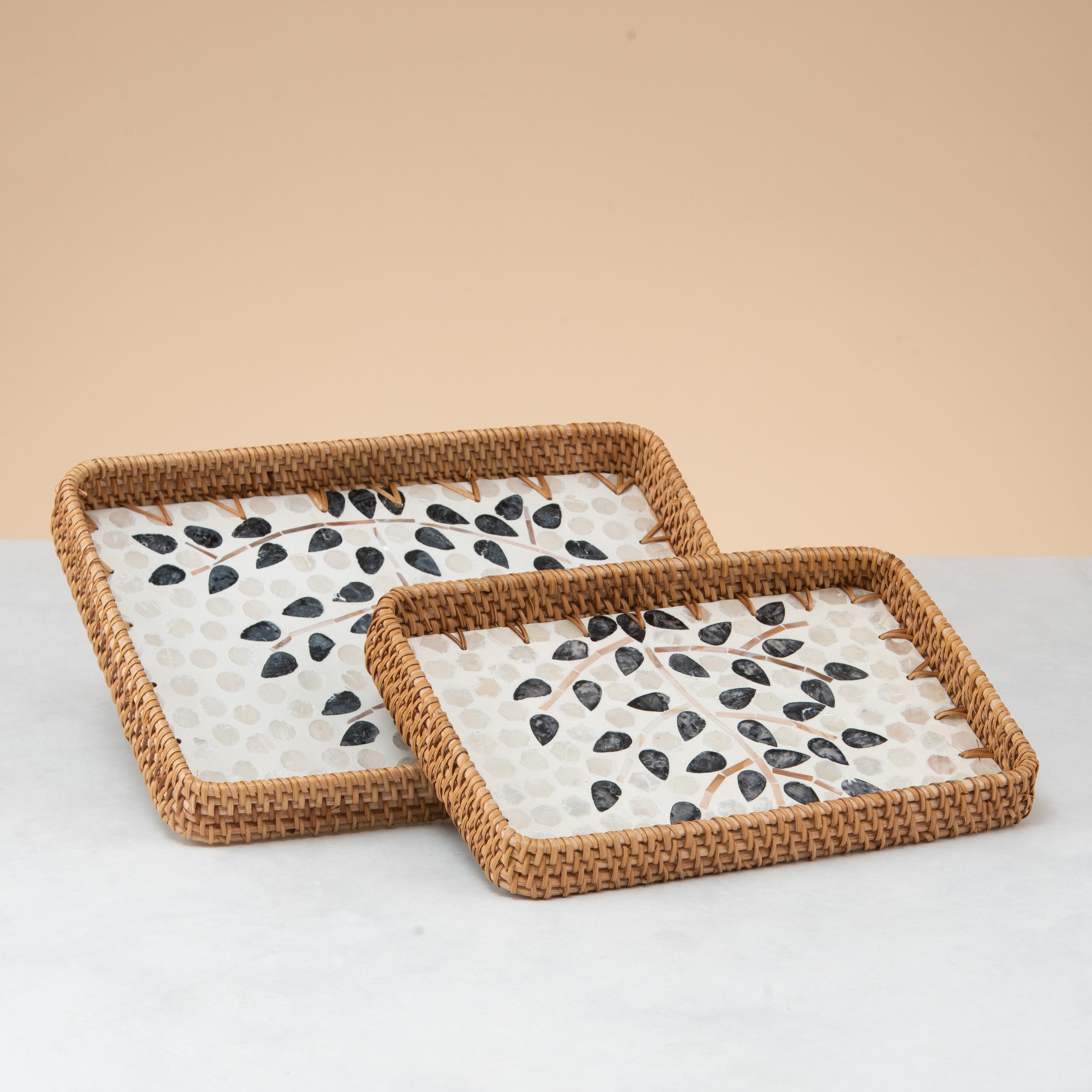 Crafted rattan rectangular trays set -black leaf shape