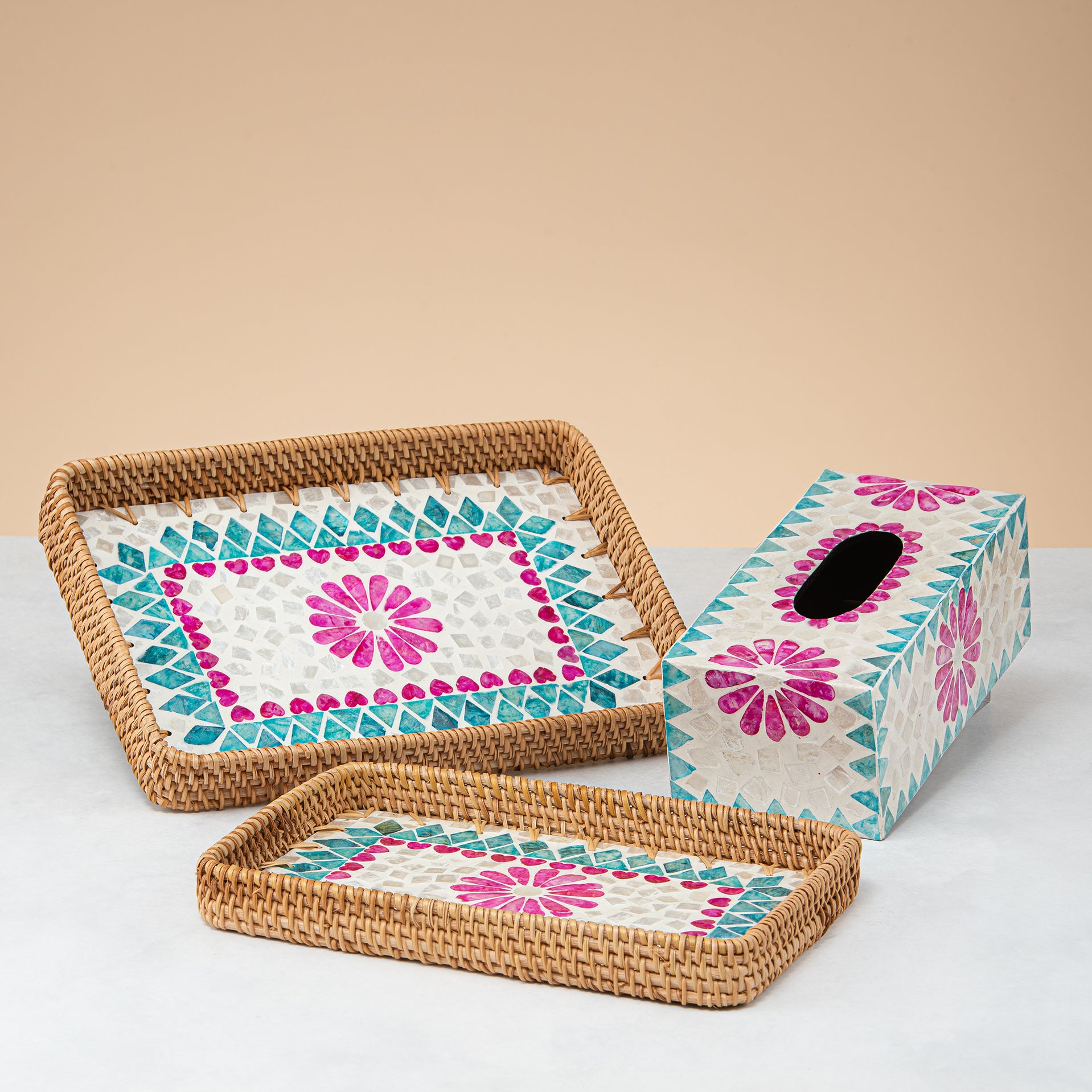 Crafted rattan rectangular trays set and tissue box -big flower shape