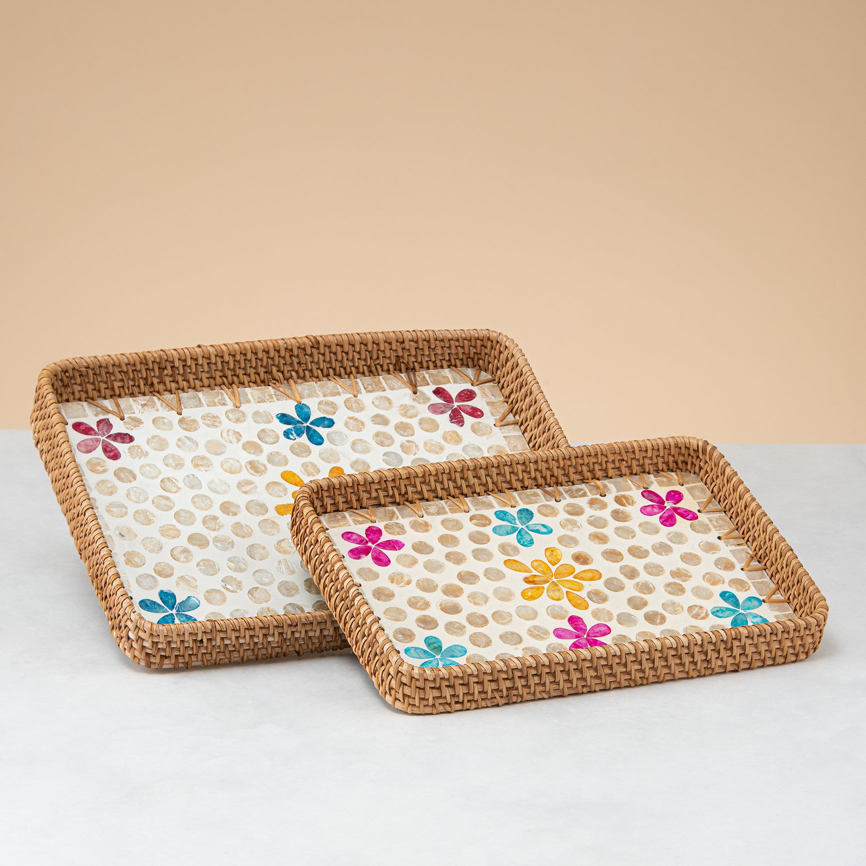 Crafted rattan rectangular trays set -floral design