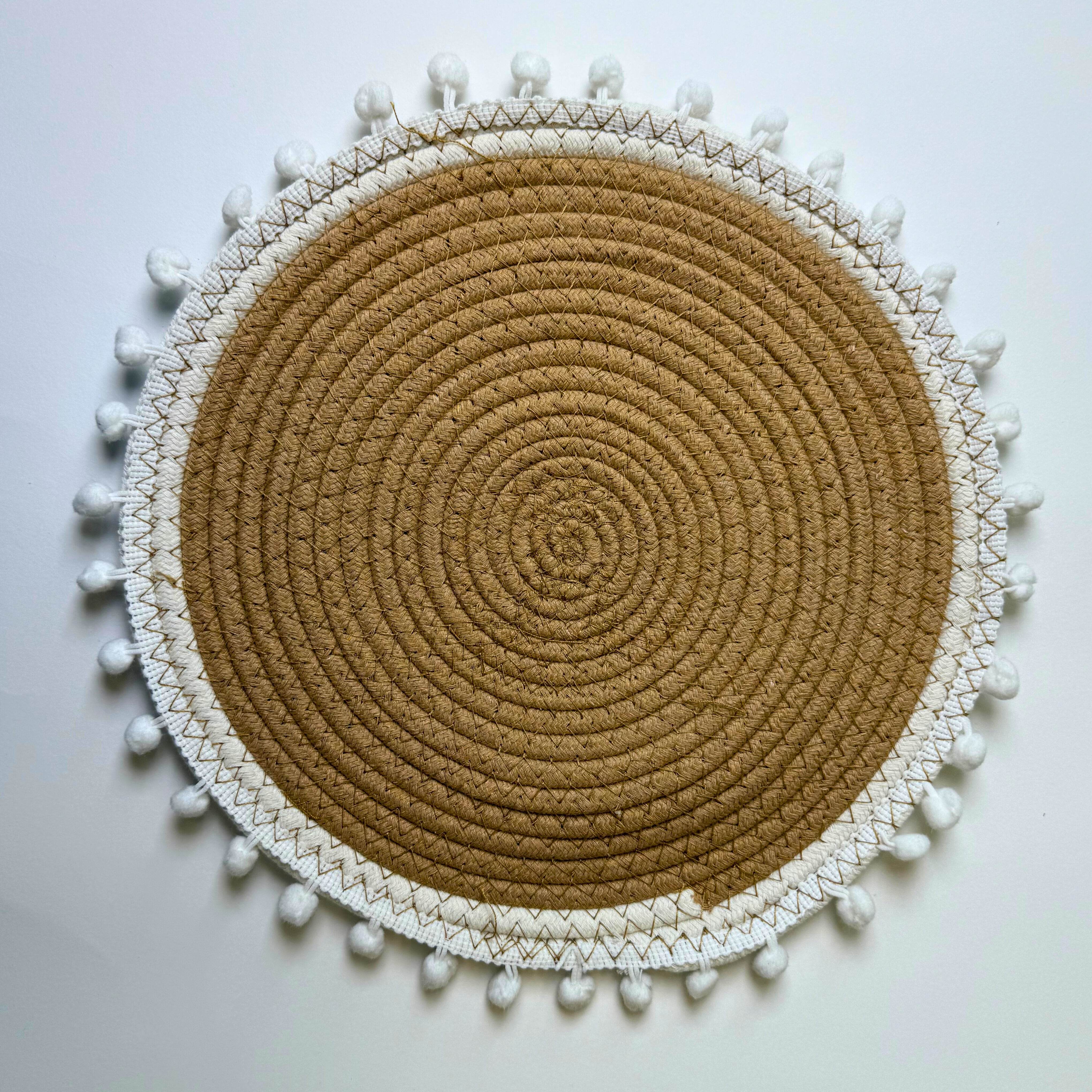 Boho Round Jute Placemat With White Pompom Trim - Urban Home