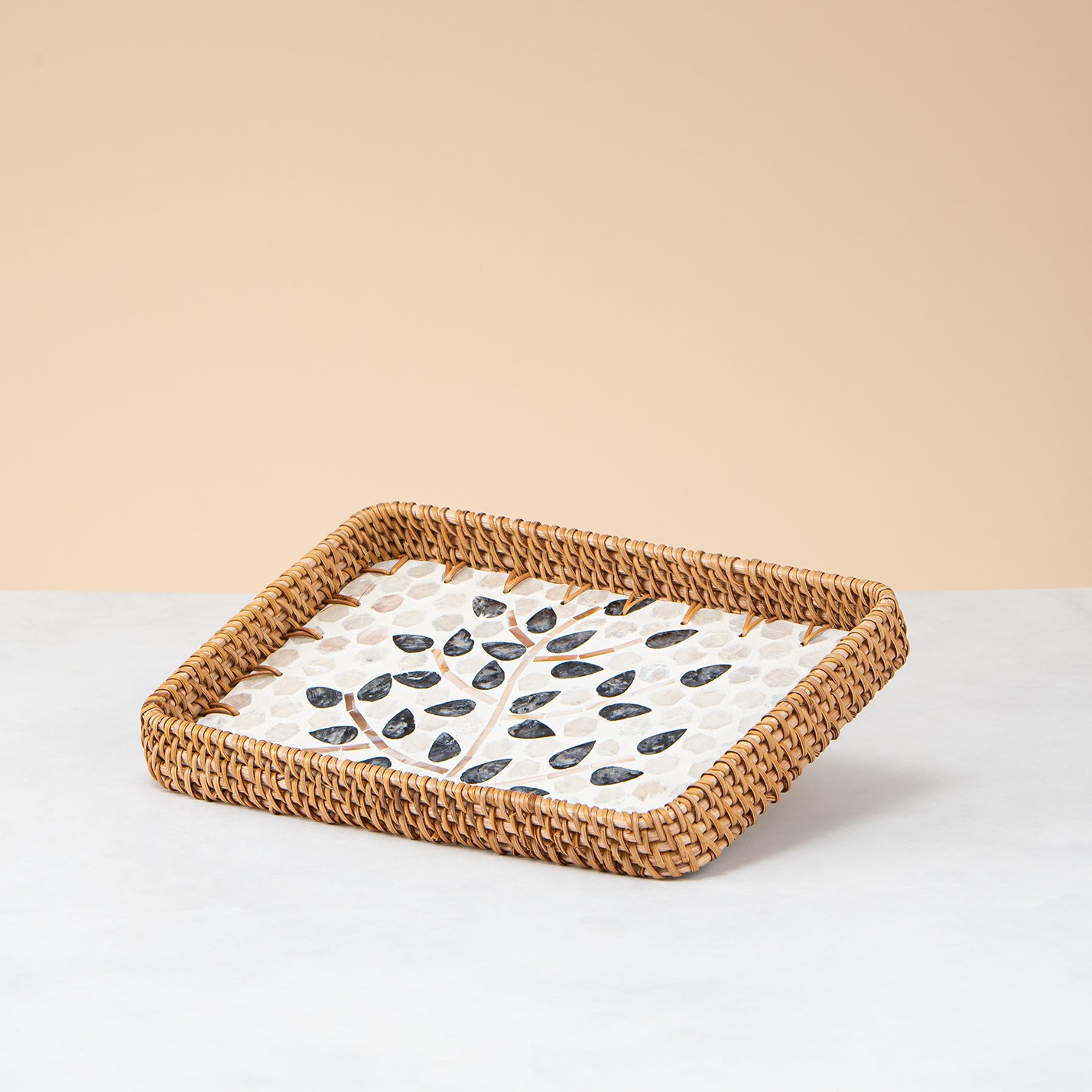 Crafted Rattan Rectangular Tray – Black Leaf Shape