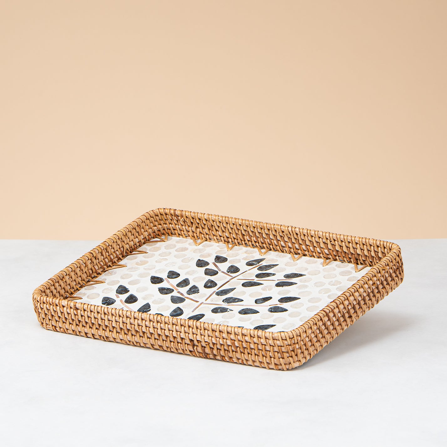 Crafted Rattan Rectangular Tray – Black Leaf Shape