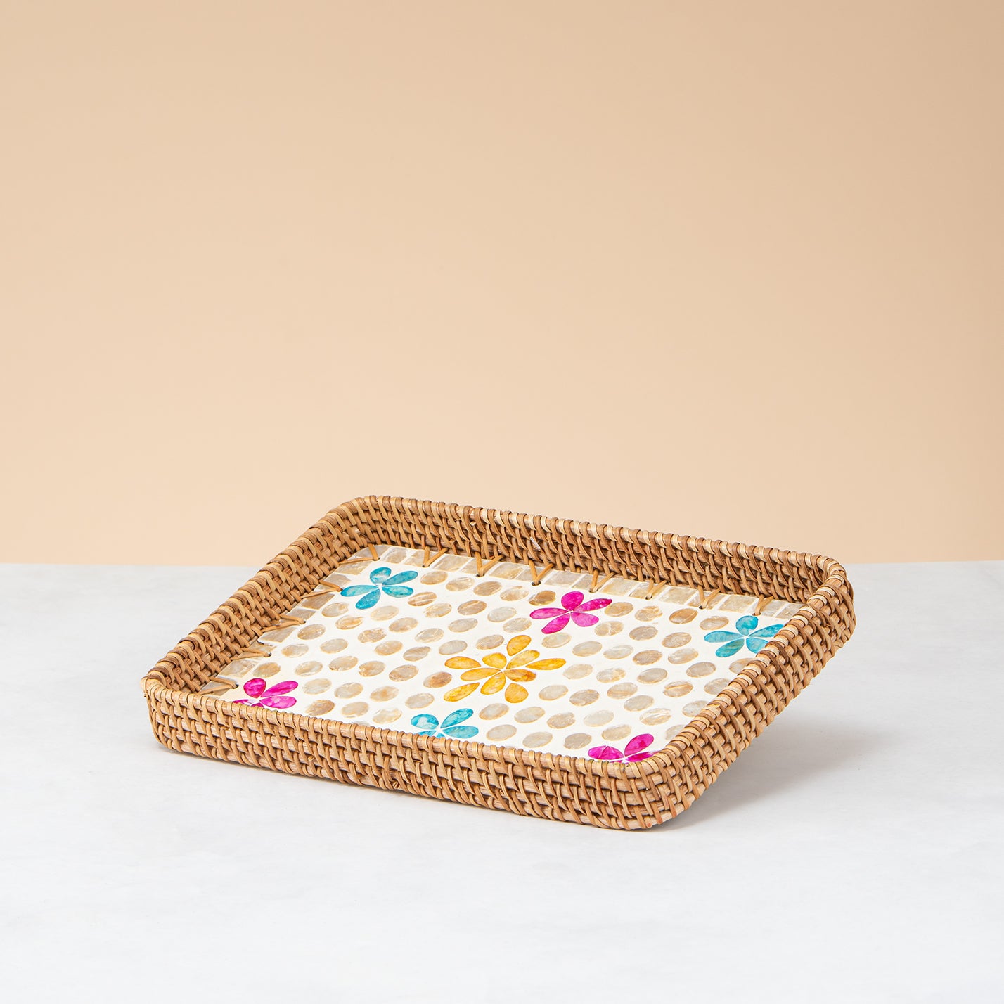 Crafted rattan rectangular tray-floral design