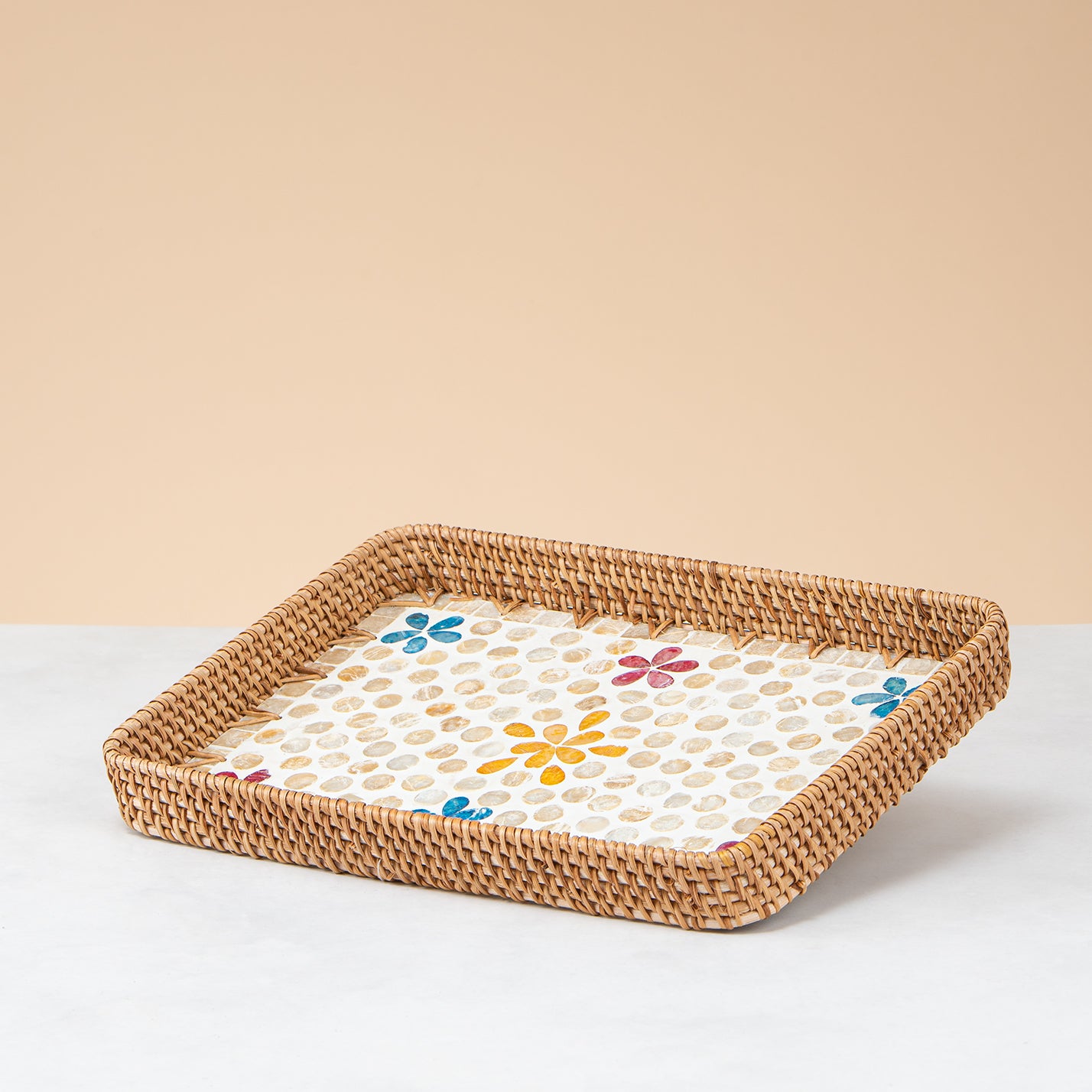Crafted rattan rectangular tray-floral design