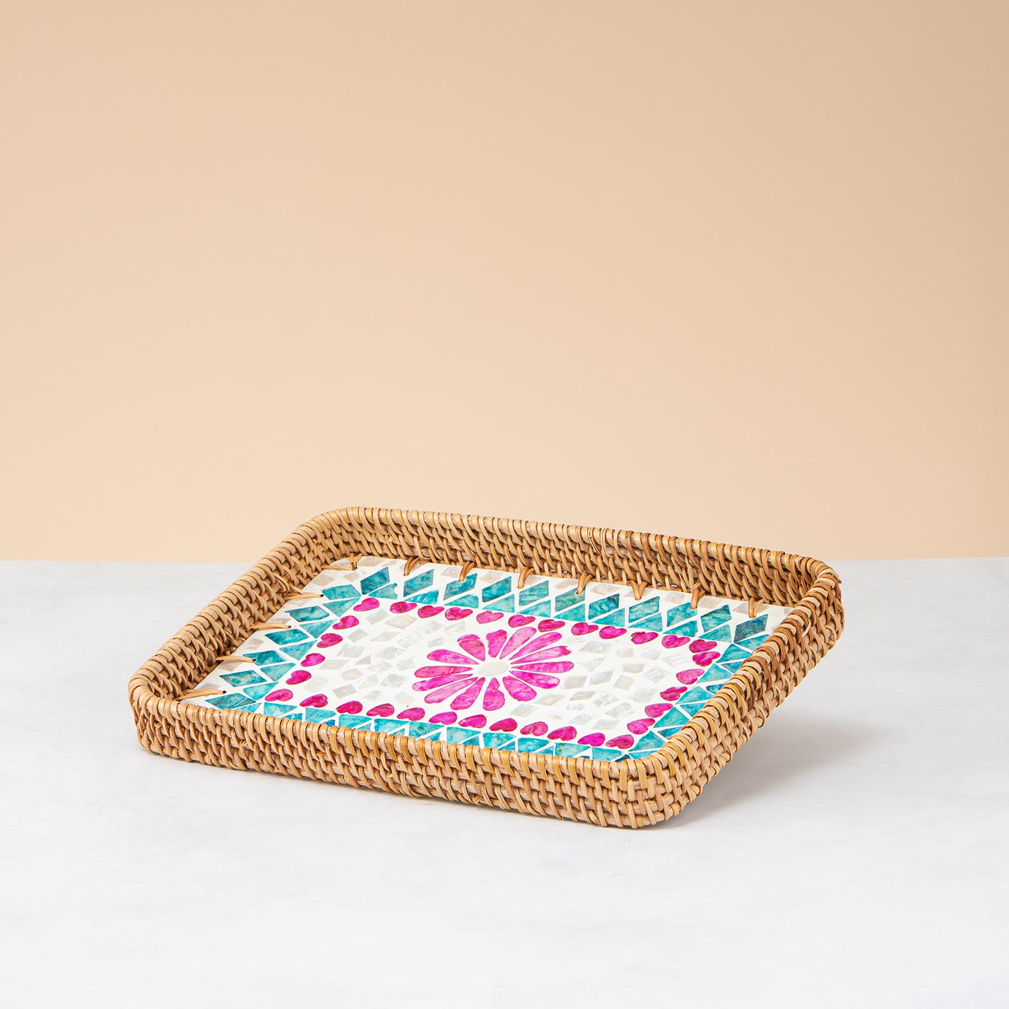 Crafted rattan rectangular tray-big flower shape
