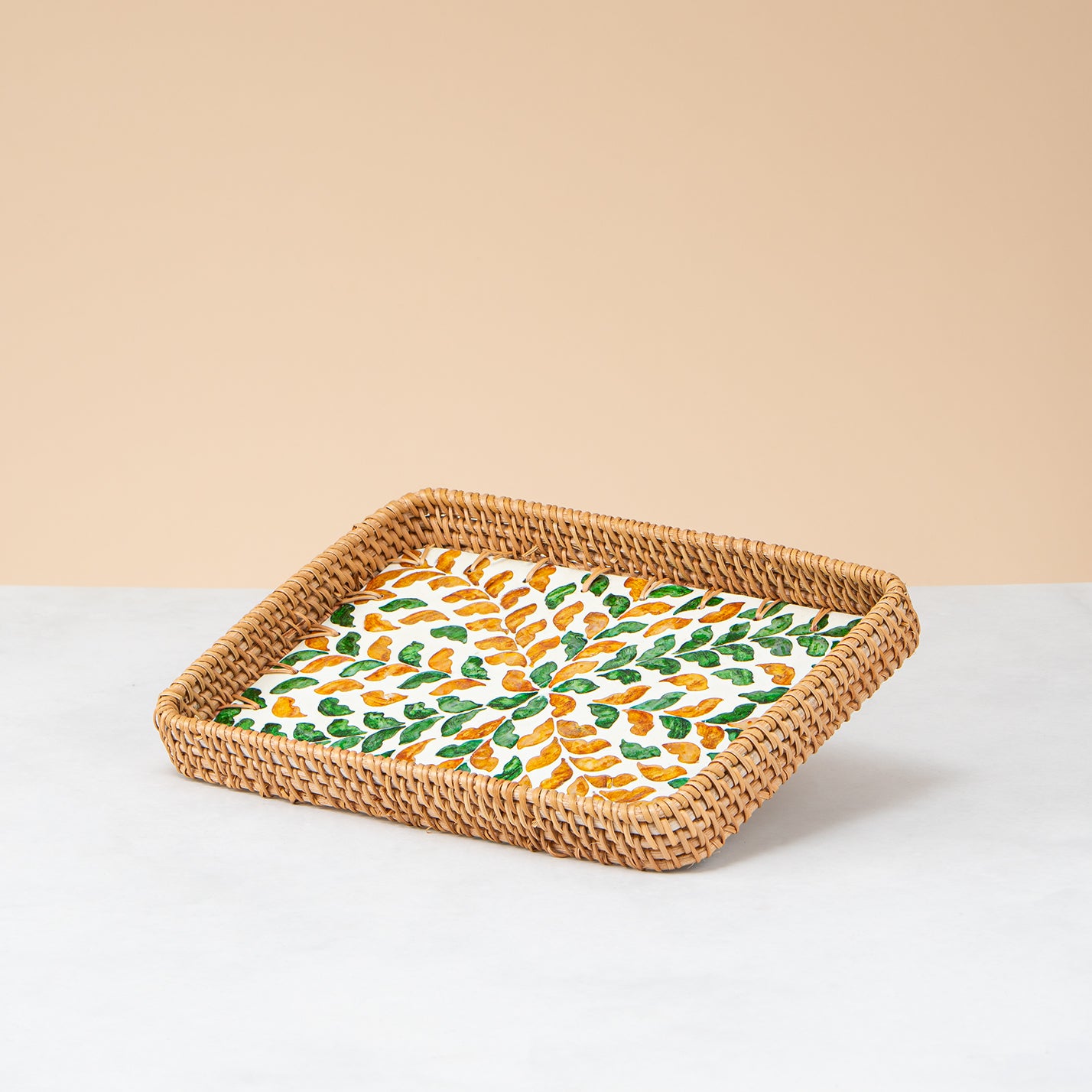 Crafted rattan rectangular tray-green leaf shape