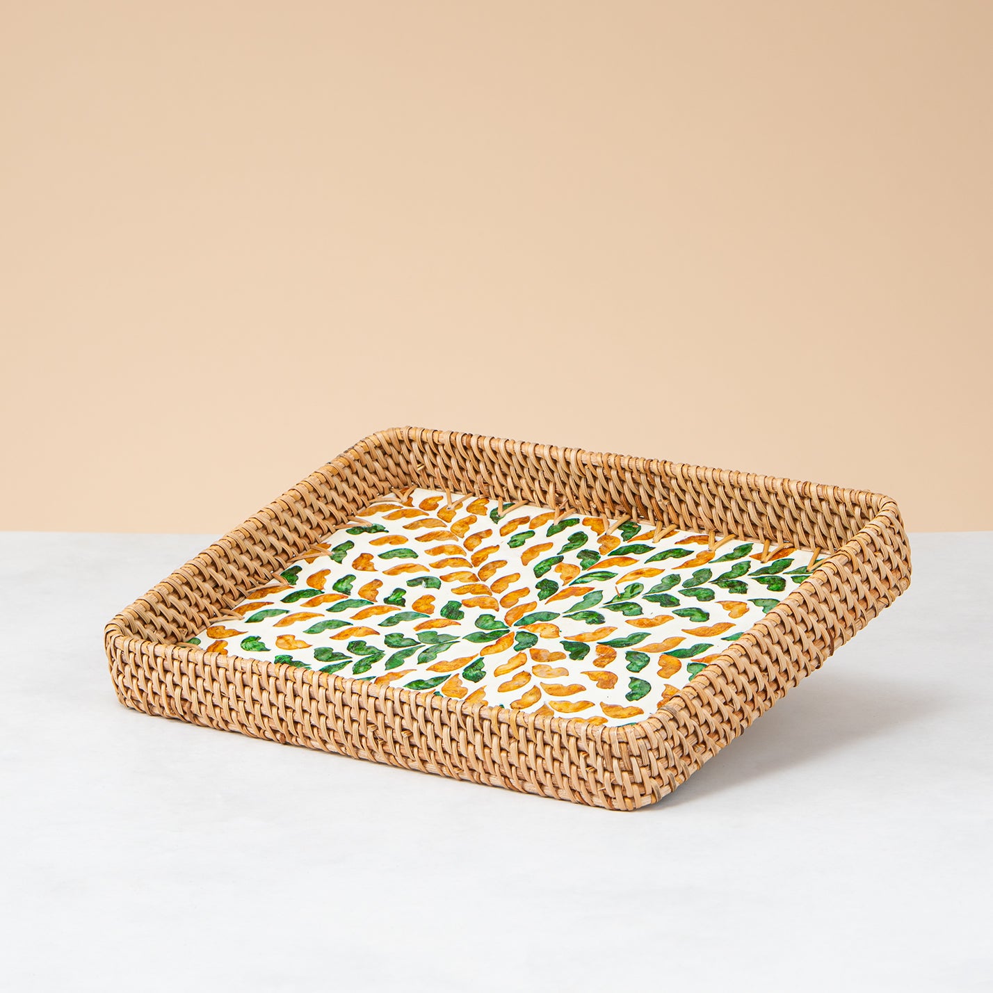 Crafted rattan rectangular tray-green leaf shape