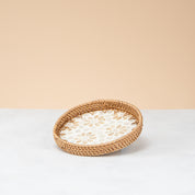 Crafted rattan round tray-white leaf