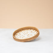 Crafted rattan round tray-white leaf