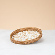 Crafted rattan round tray-white leaf