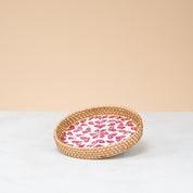 Crafted rattan round tray-pink leaf