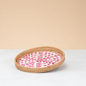 Crafted rattan round tray-pink leaf