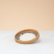 Crafted rattan round tray-blue leaf