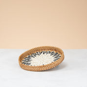 Crafted rattan round tray-blue leaf