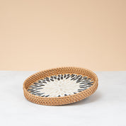 Crafted rattan round tray-blue leaf