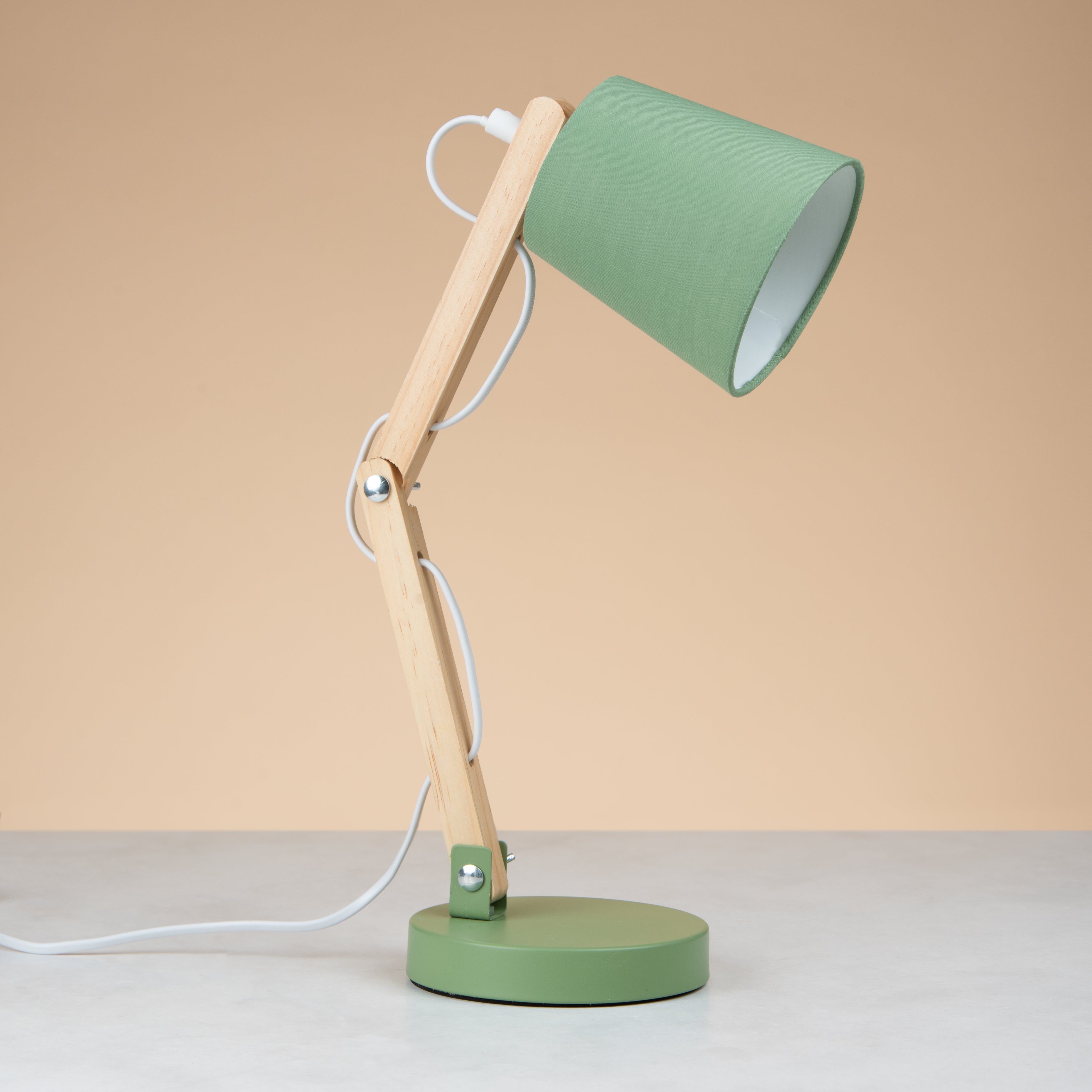 Colorful table lamp with wooden base