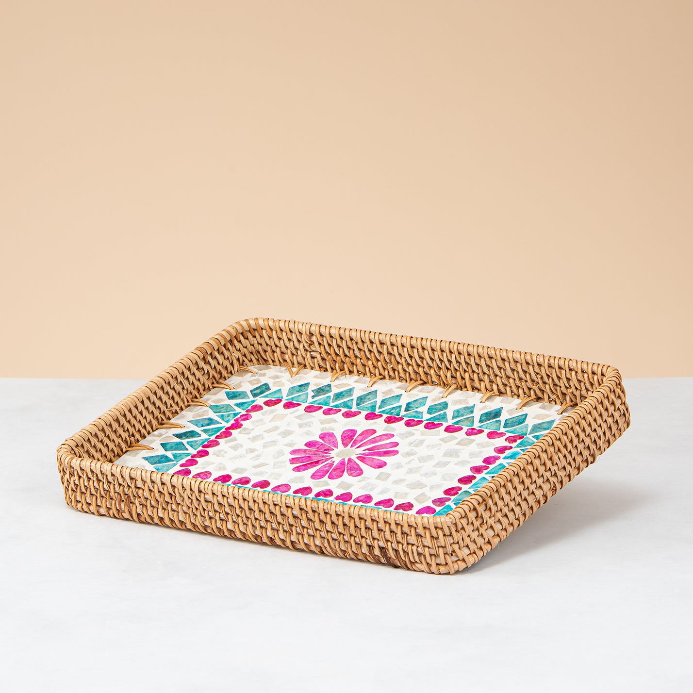 Crafted rattan rectangular tray-big flower shape