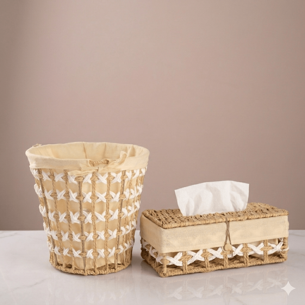 Round Woven Trash & Tissue Set - Natural - Urban Home