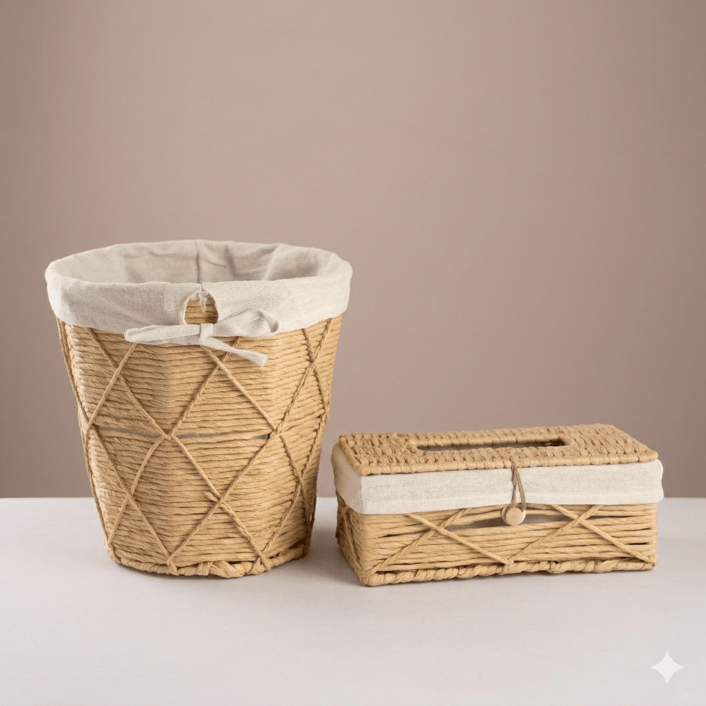 Round Woven Trash & Tissue Set - Natural - Urban Home