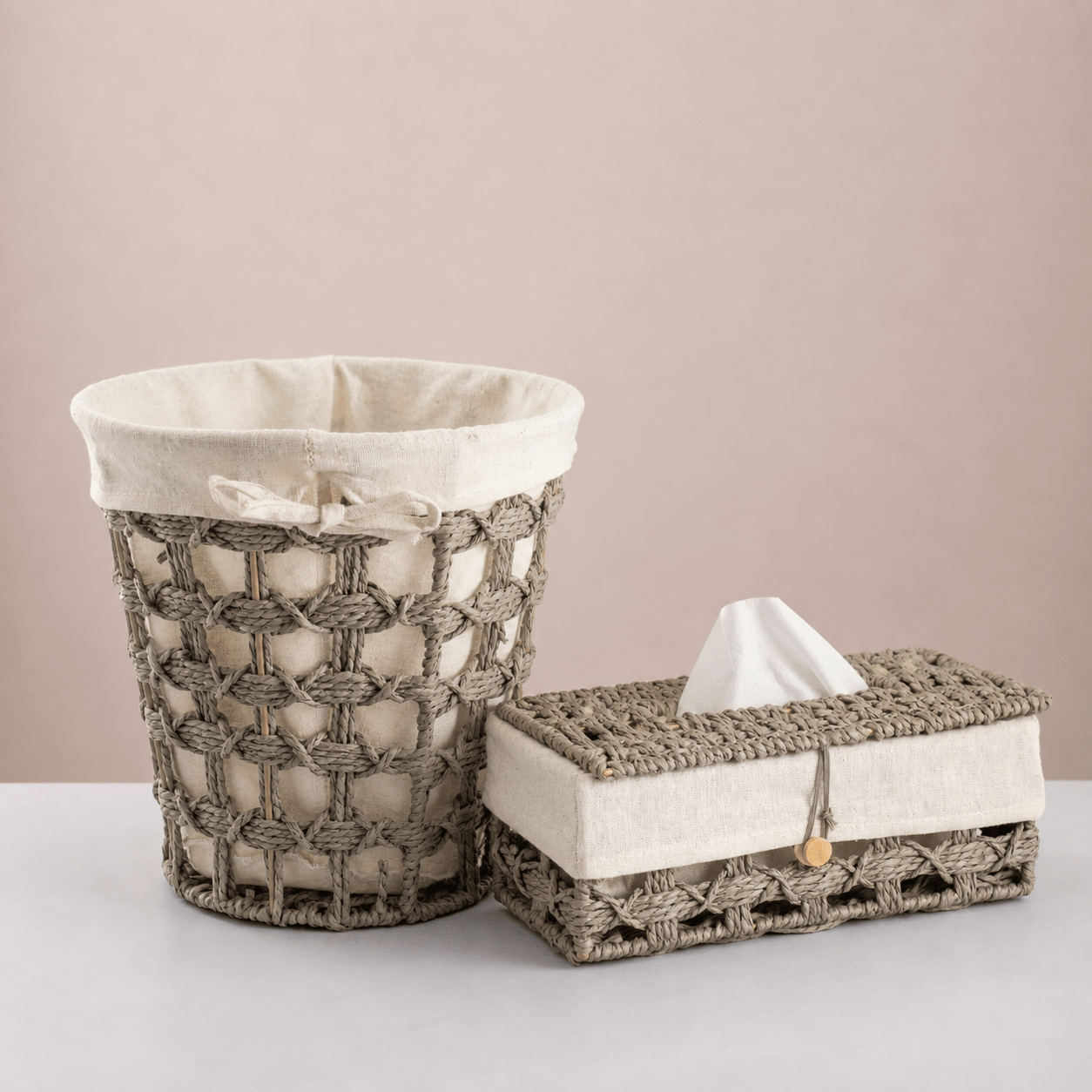 Round woven trash & tissue set - Gray - Urban Home