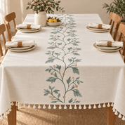 Sage Green Botanical Embroidered Tablecloth with Tassels - Urban Home