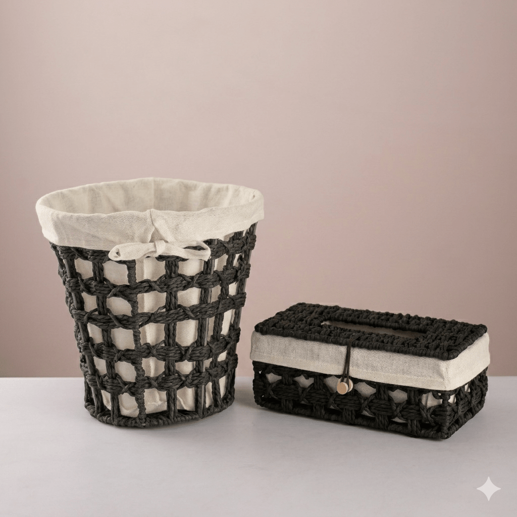 Round woven trash & tissue set - Black - Urban Home