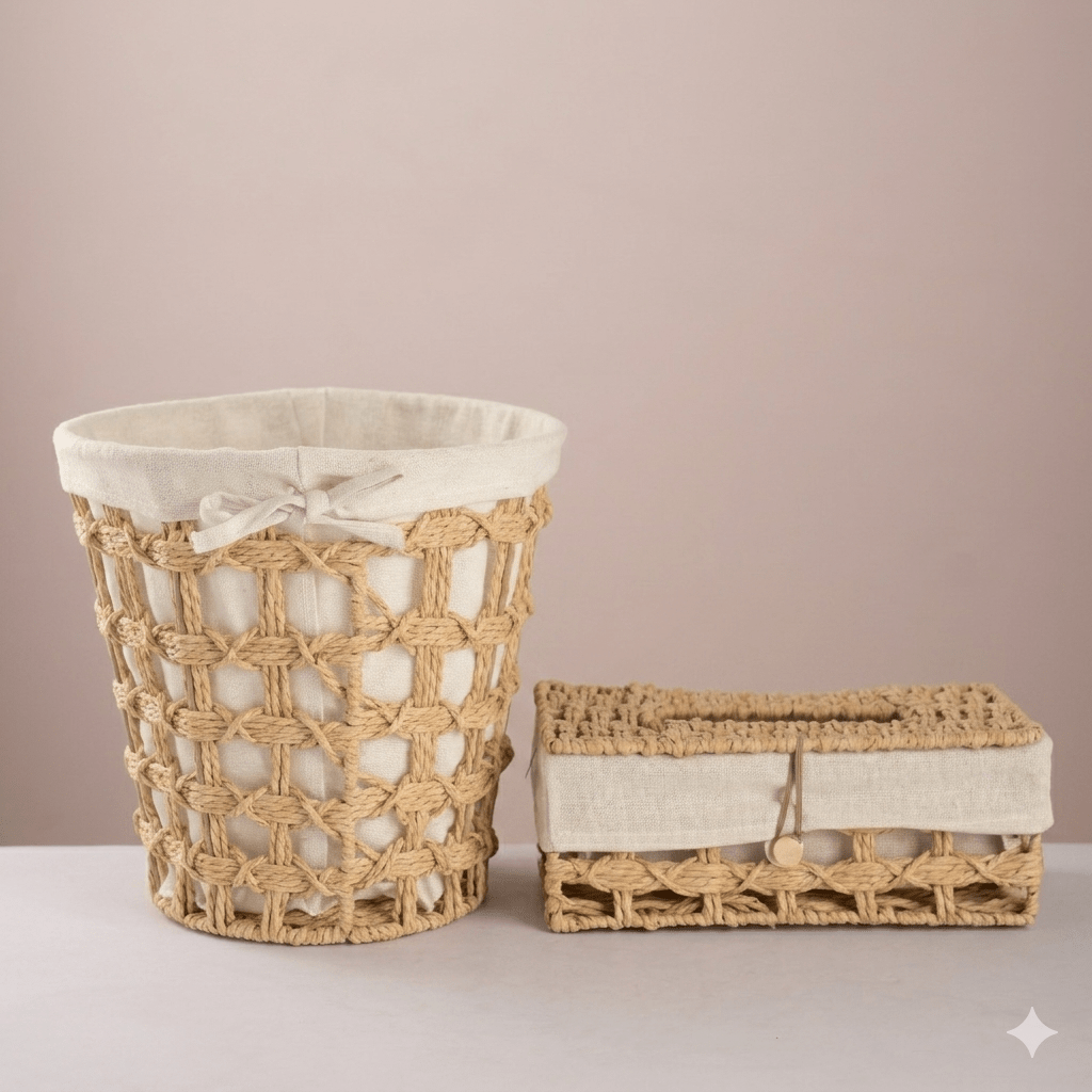Round woven trash & tissue set - Natural - Urban Home