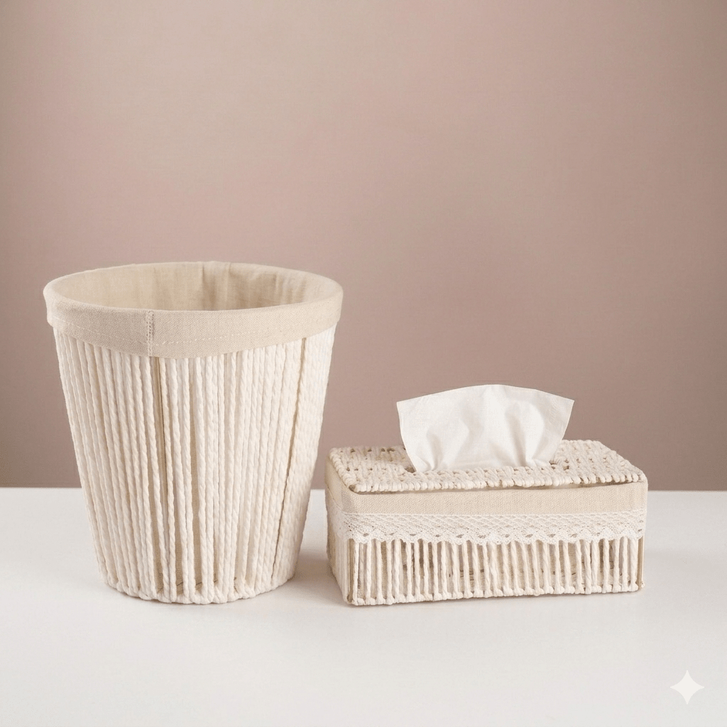 Round Woven Trash & Tissue Set - White - Urban Home