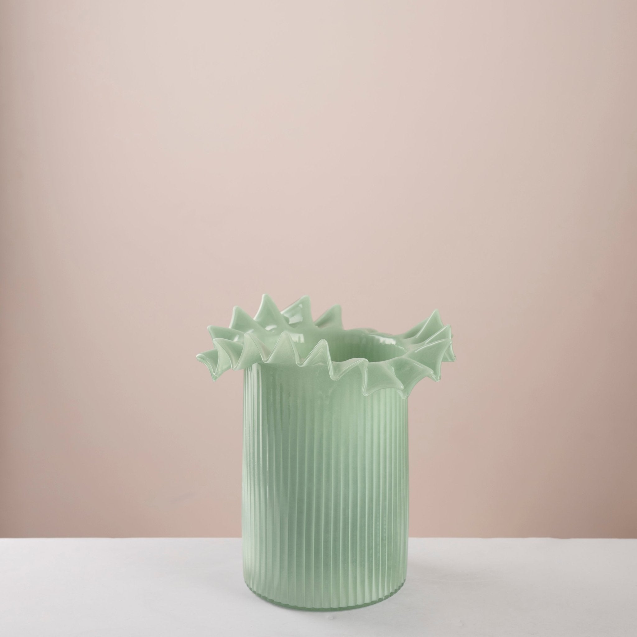 Mint Ribbed Glass Vase with Scalloped Rim - Urban Home
