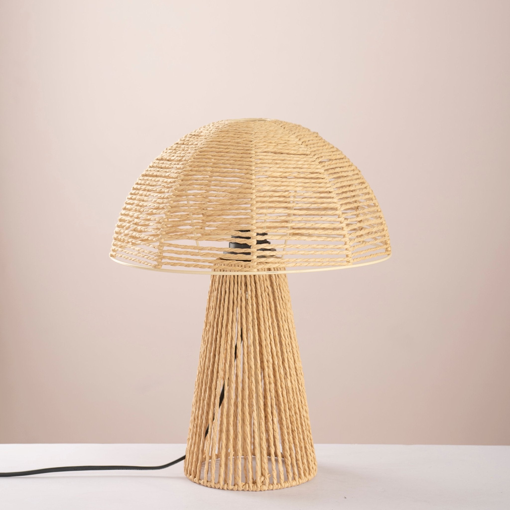 Modern Rattan Mushroom Table Lamp – Woven Boho Desk Light - Urban Home