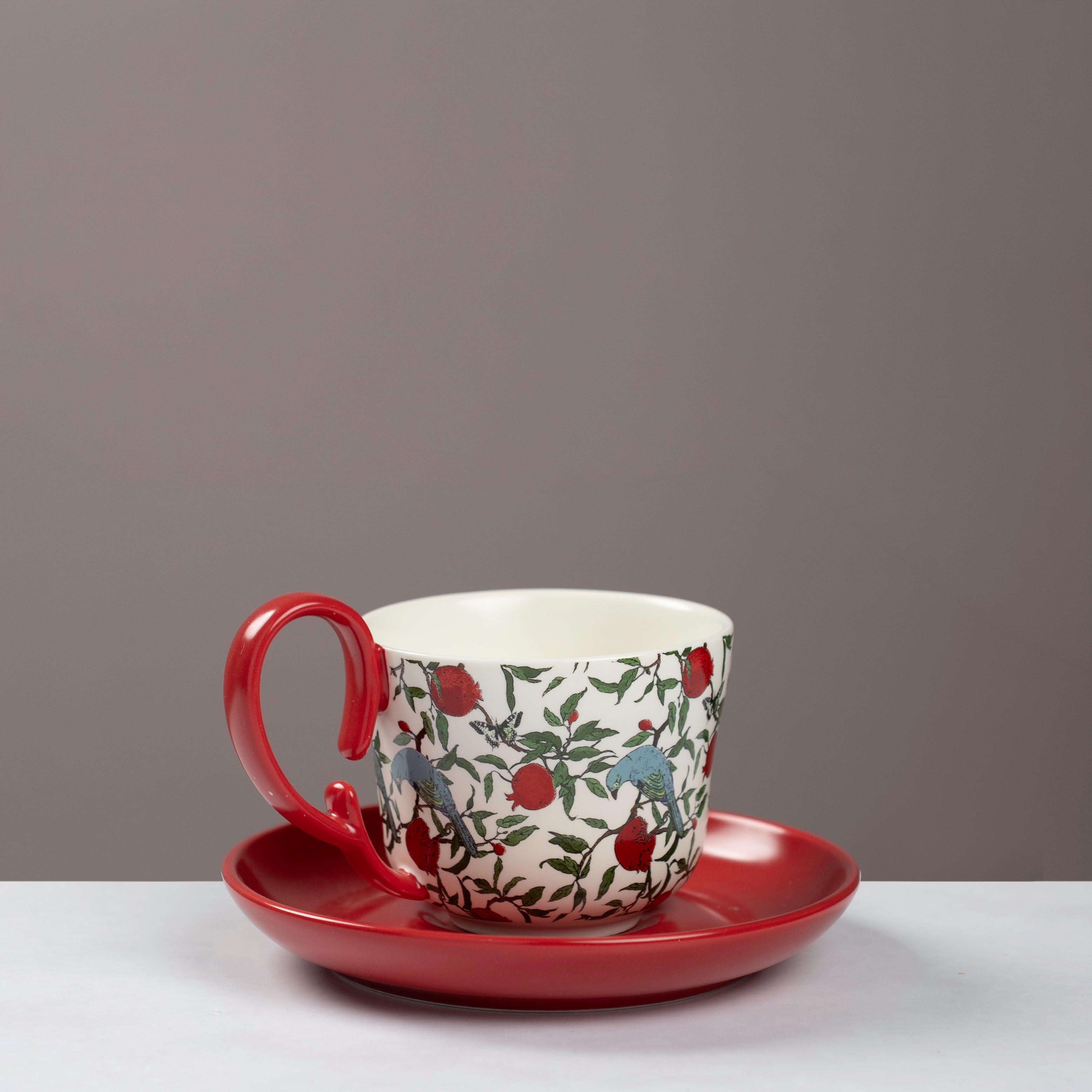 Pomegranate & Songbird Ceramic Cup and Saucer Set