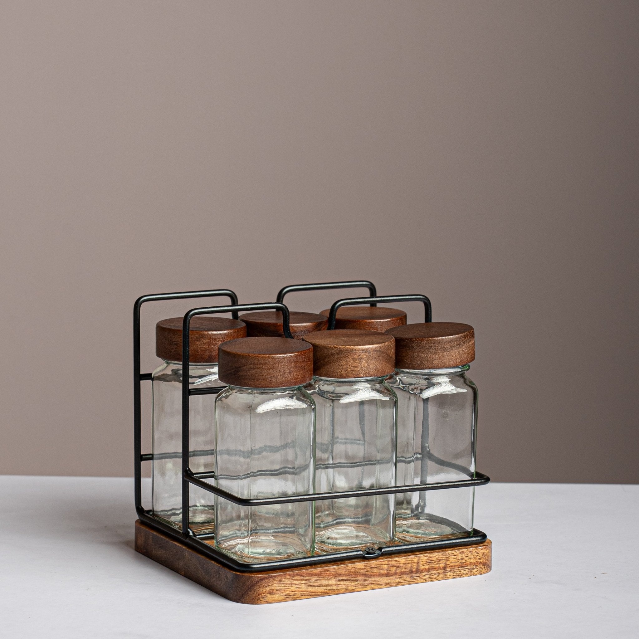 Premium Wood Jars 6 Piece Set (With Black Stand) - Urban Home