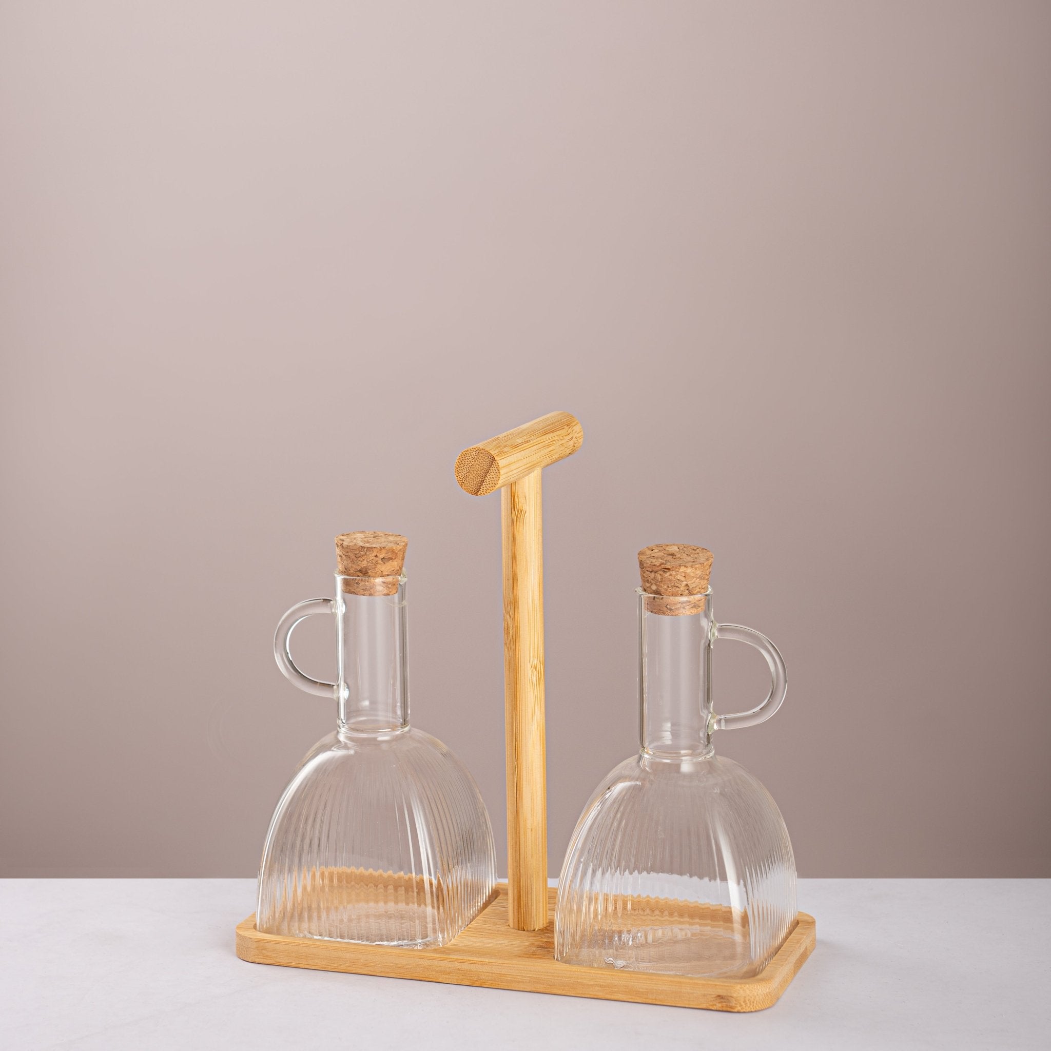 Oil & Vinegar Bottles with Wooden Stand - Urban Home