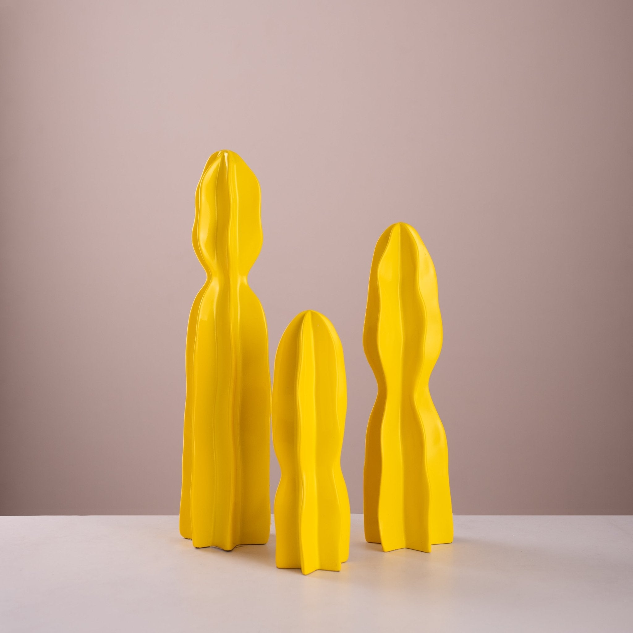 Set of Three Glossy Yellow Modern Cactus Sculptures - Urban Home