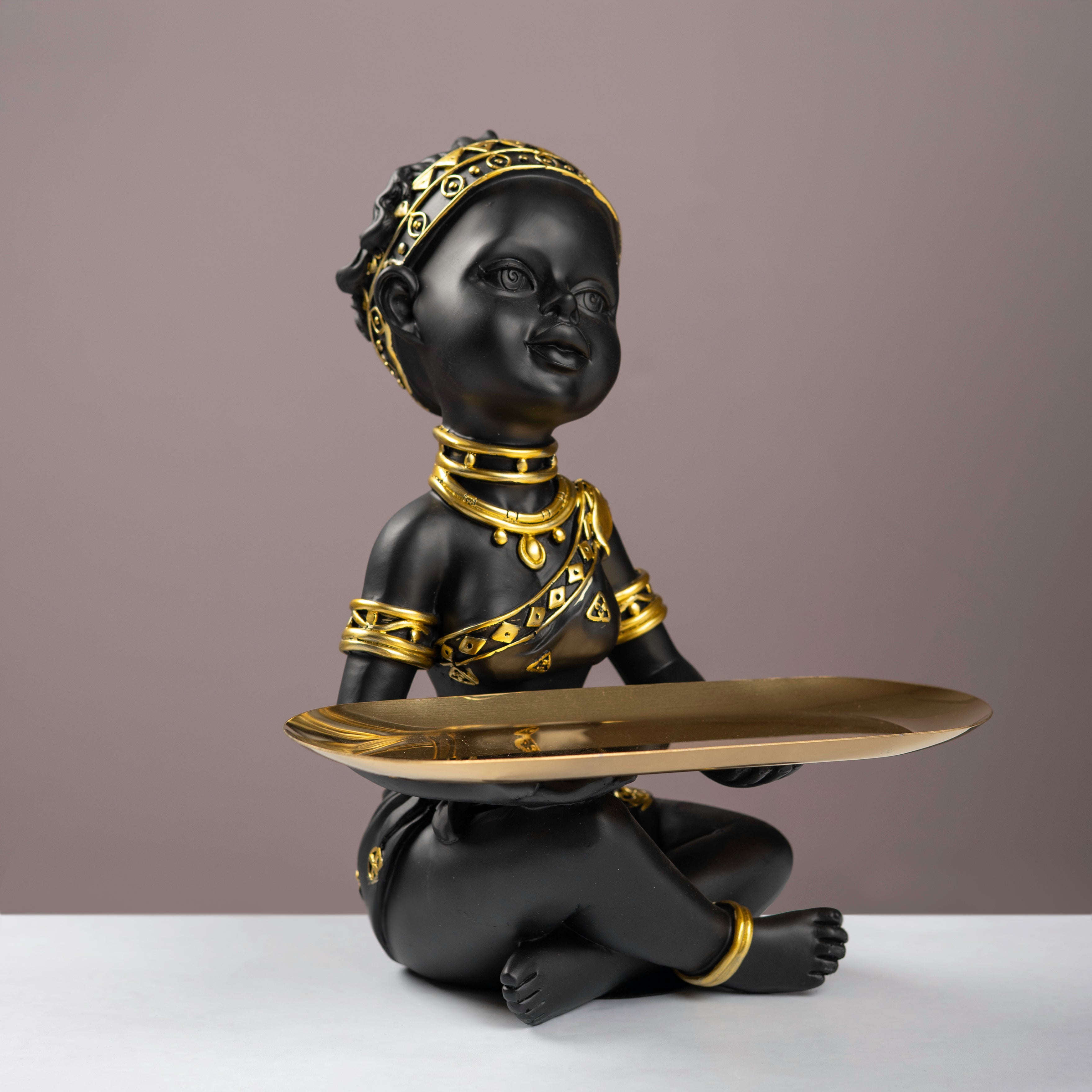 African Inspired Matte Black & Gold Figurine Tray – Decorative Key Holder
