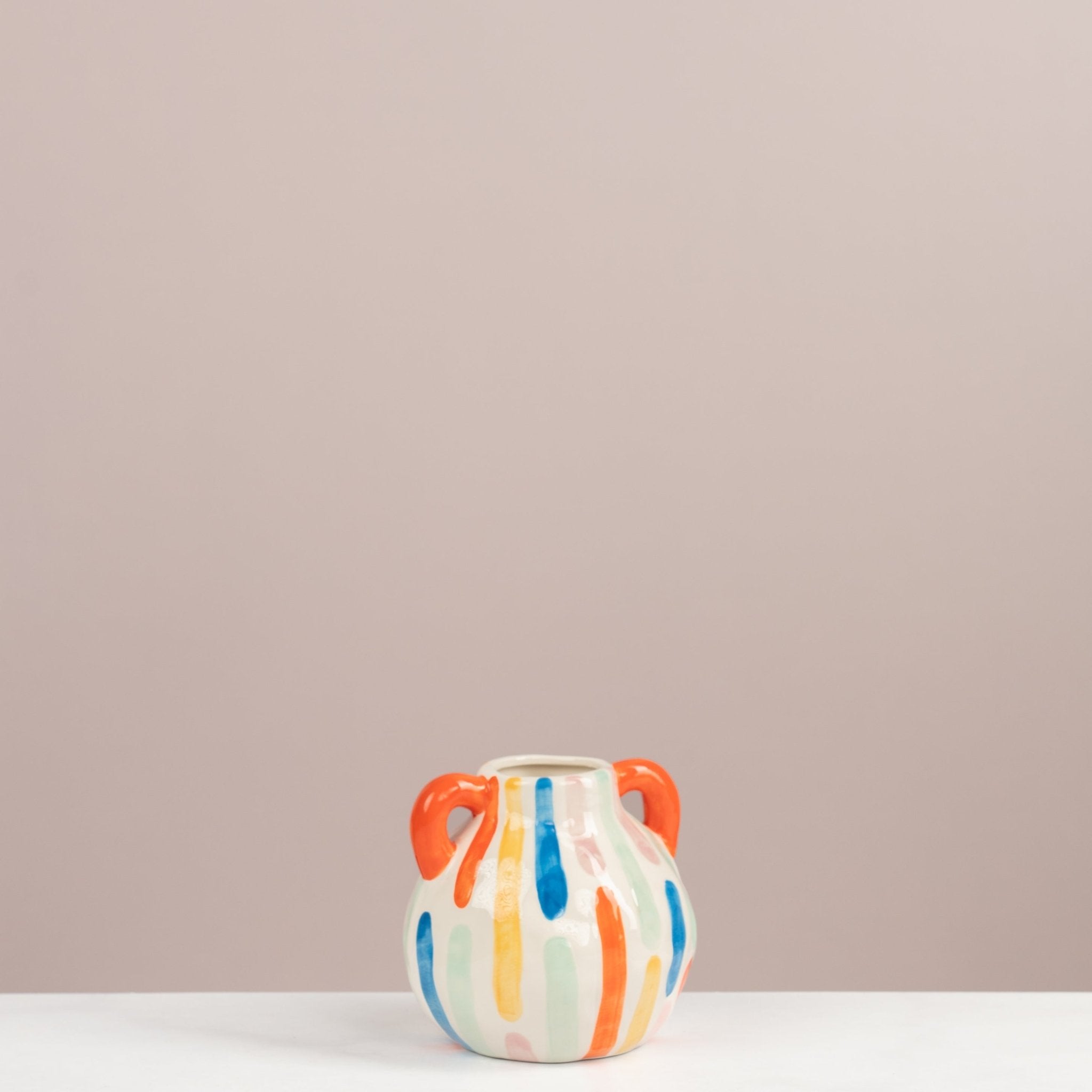 Painted Ceramic Mini Vase – Striped Dual-Handle Flower Pot - Urban Home