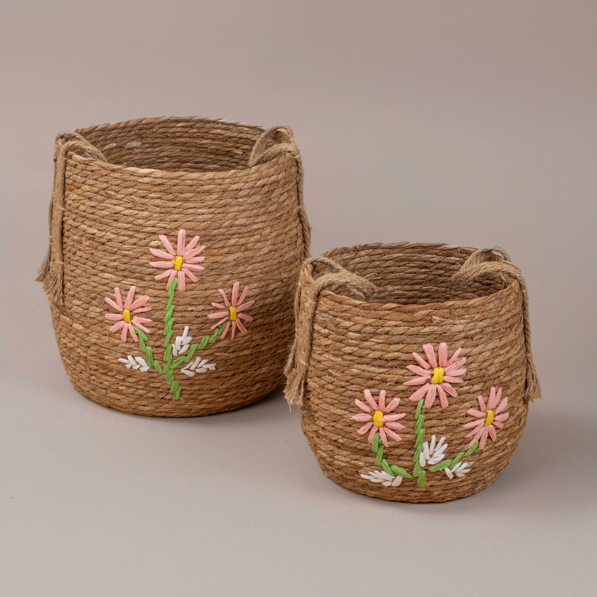 Embroidered Daisy Woven Straw Baskets - Urban Home