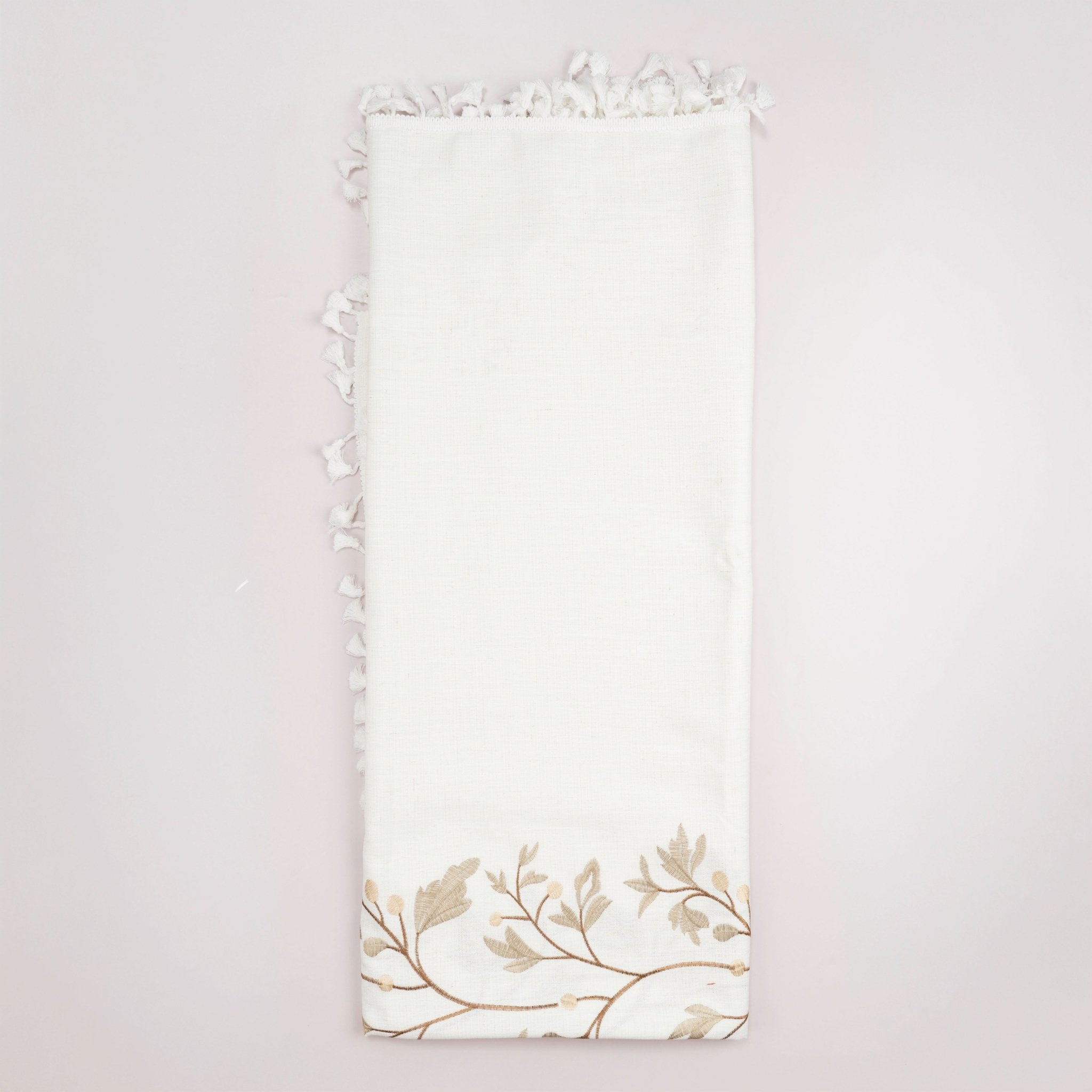 Cream Botanical Embroidered Tablecloth with Tassels - Urban Home