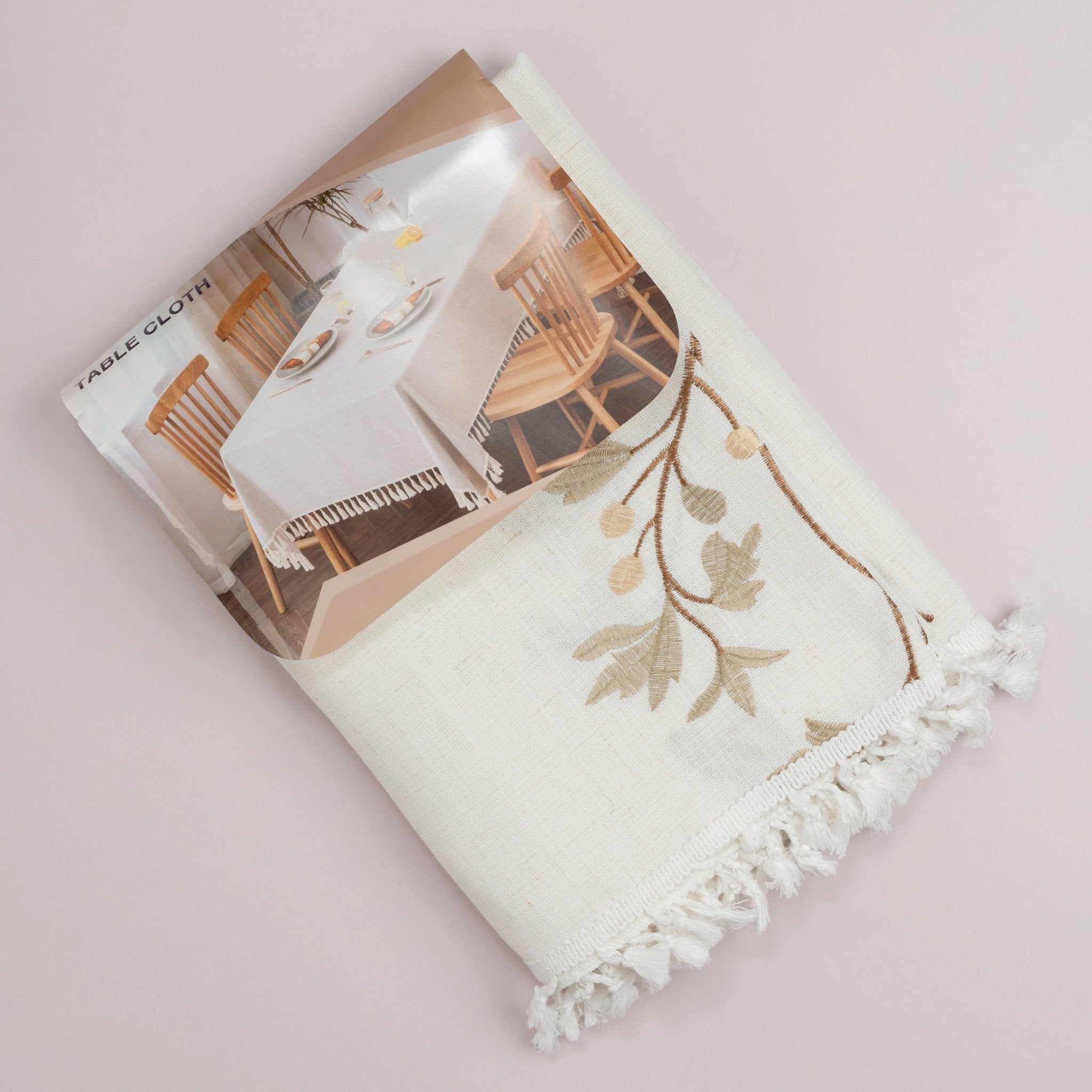 Cream Botanical Embroidered Tablecloth with Tassels - Urban Home