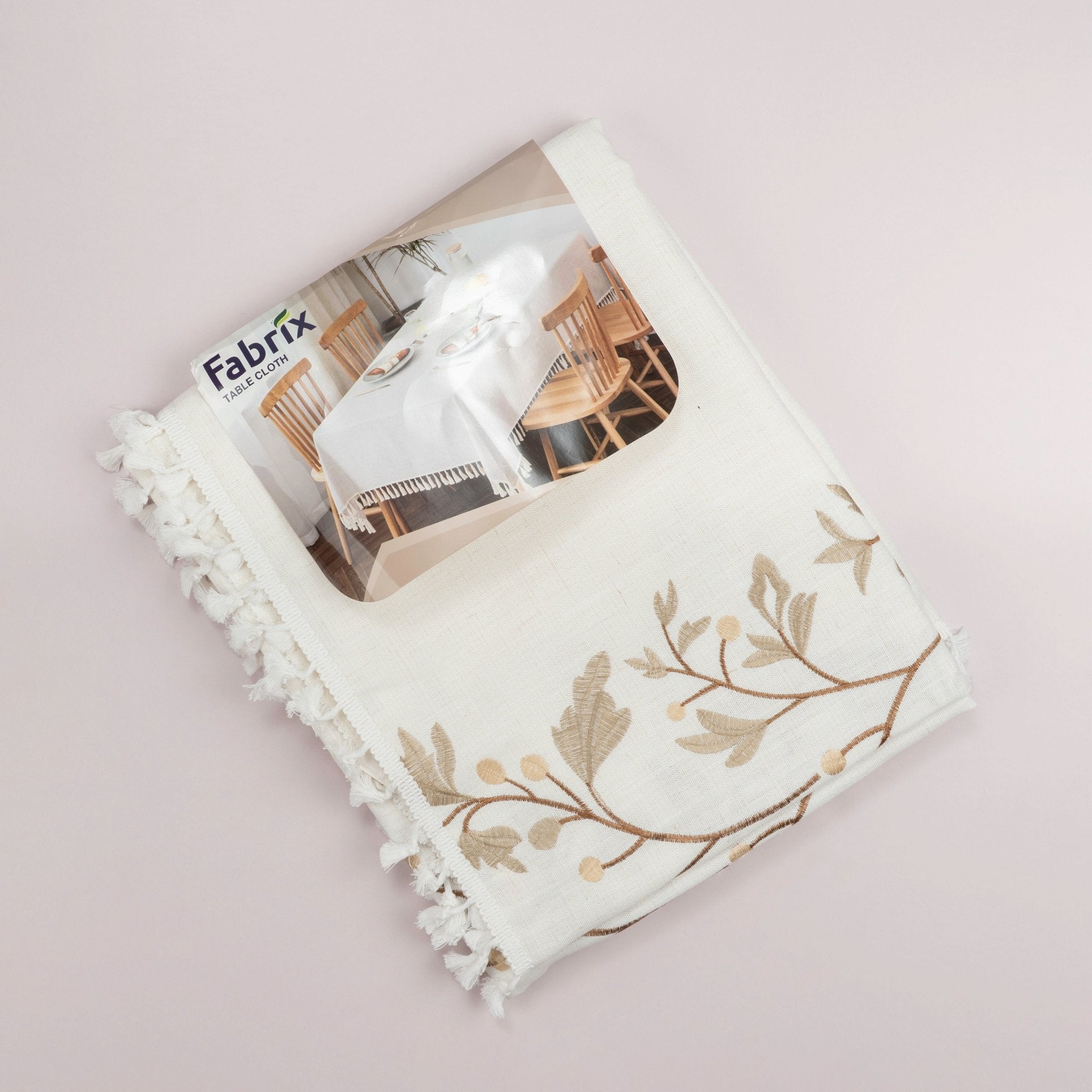 Cream Botanical Embroidered Tablecloth with Tassels - Urban Home