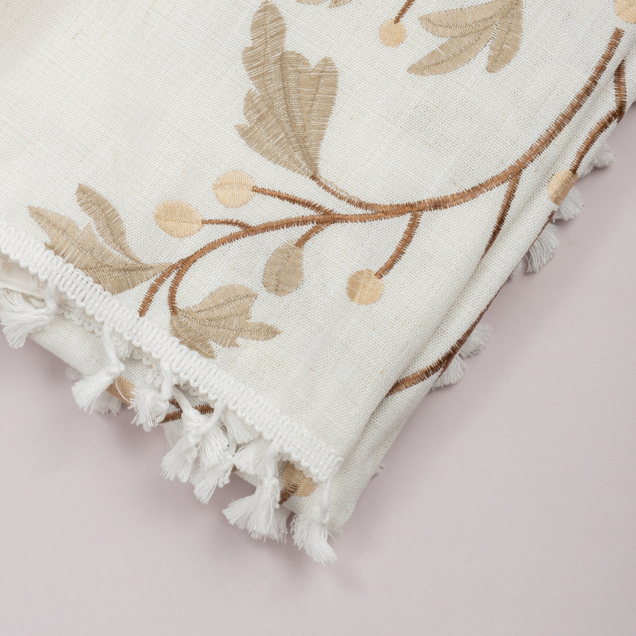 Cream Botanical Embroidered Tablecloth with Tassels - Urban Home