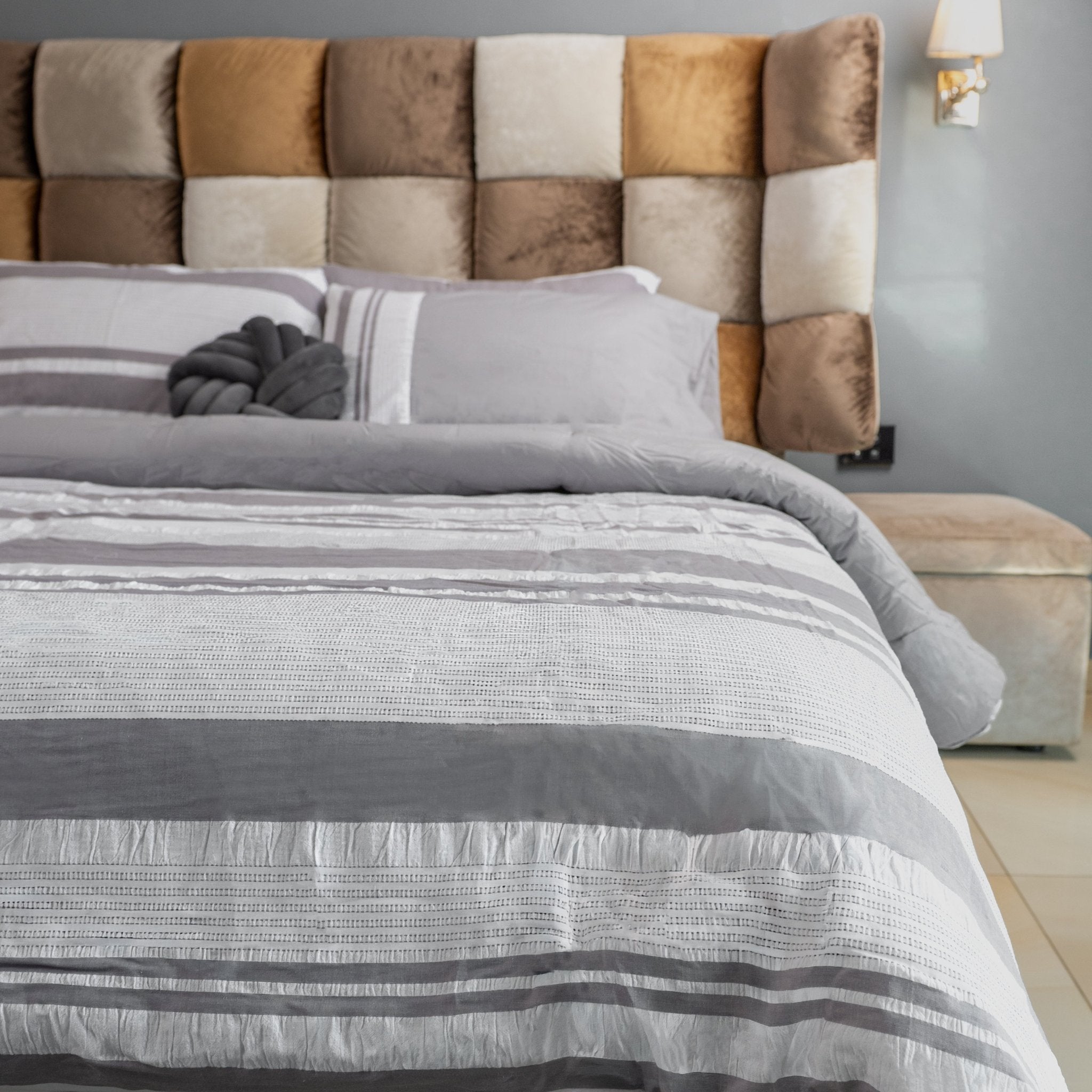 Cotton King Bedspread Set – Striped Texture & Solid Reversible Grey (6-Piece) - Urban Home