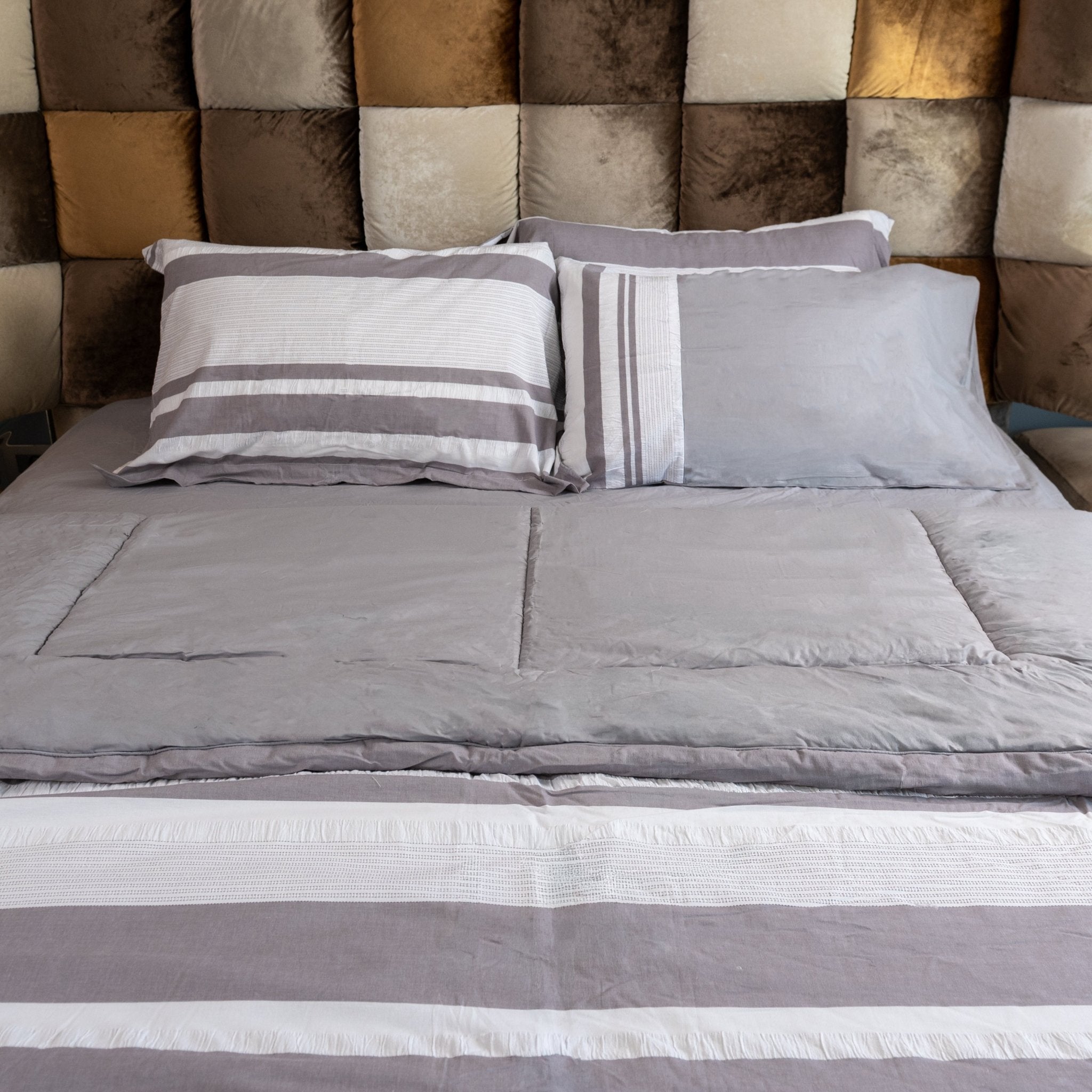 Cotton King Bedspread Set – Striped Texture & Solid Reversible Grey (6-Piece) - Urban Home