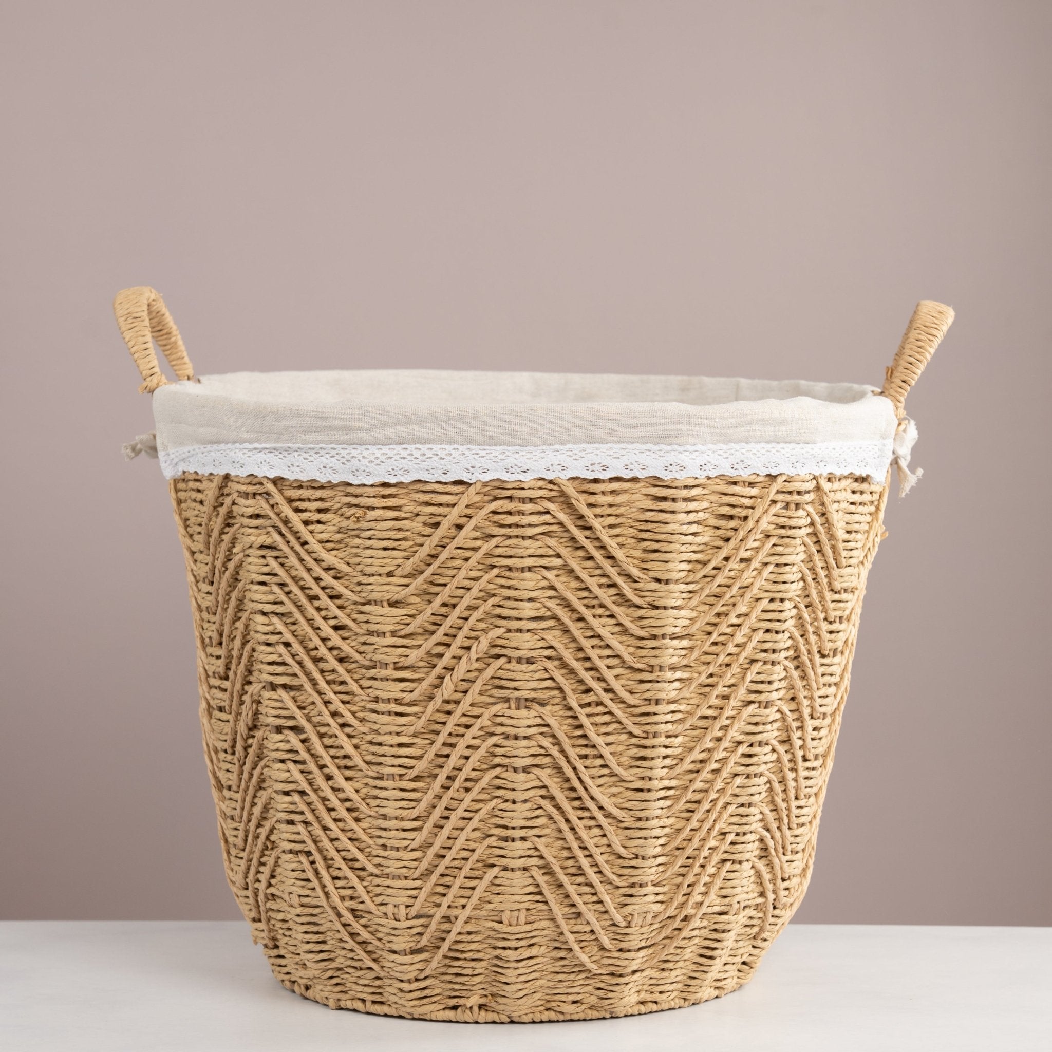 Round Woven Rope Laundry Basket – 44cm Chevron Straw Storage Hamper - Urban Home