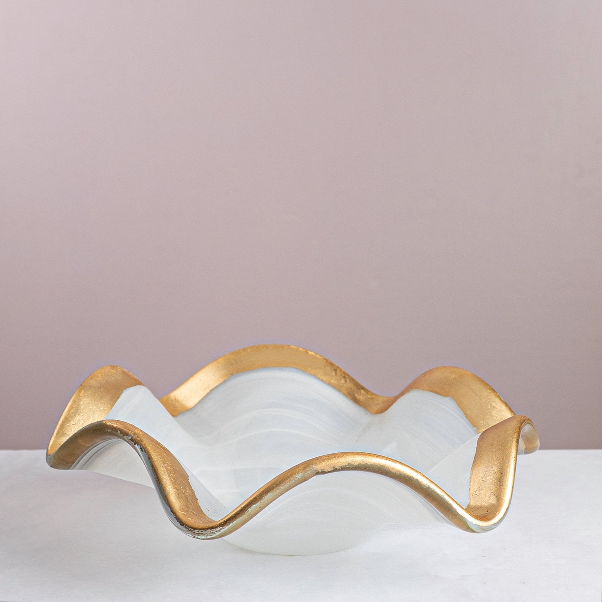 Italian Murano Glass Gold-Edged Wavy White Bowl – 40 cm - Urban Home
