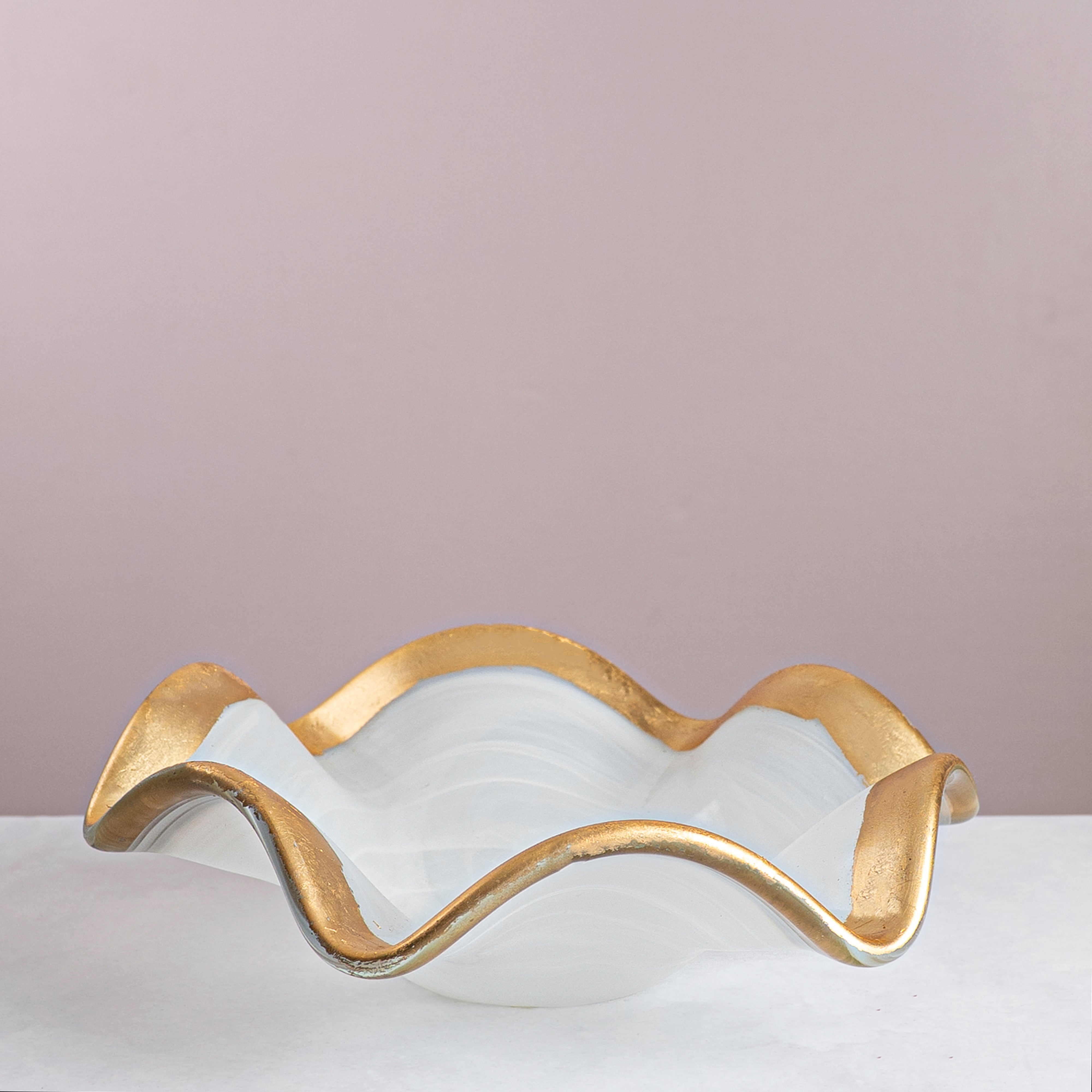 Italian Murano Glass Gold-Edged Wavy White Bowl – 40 cm