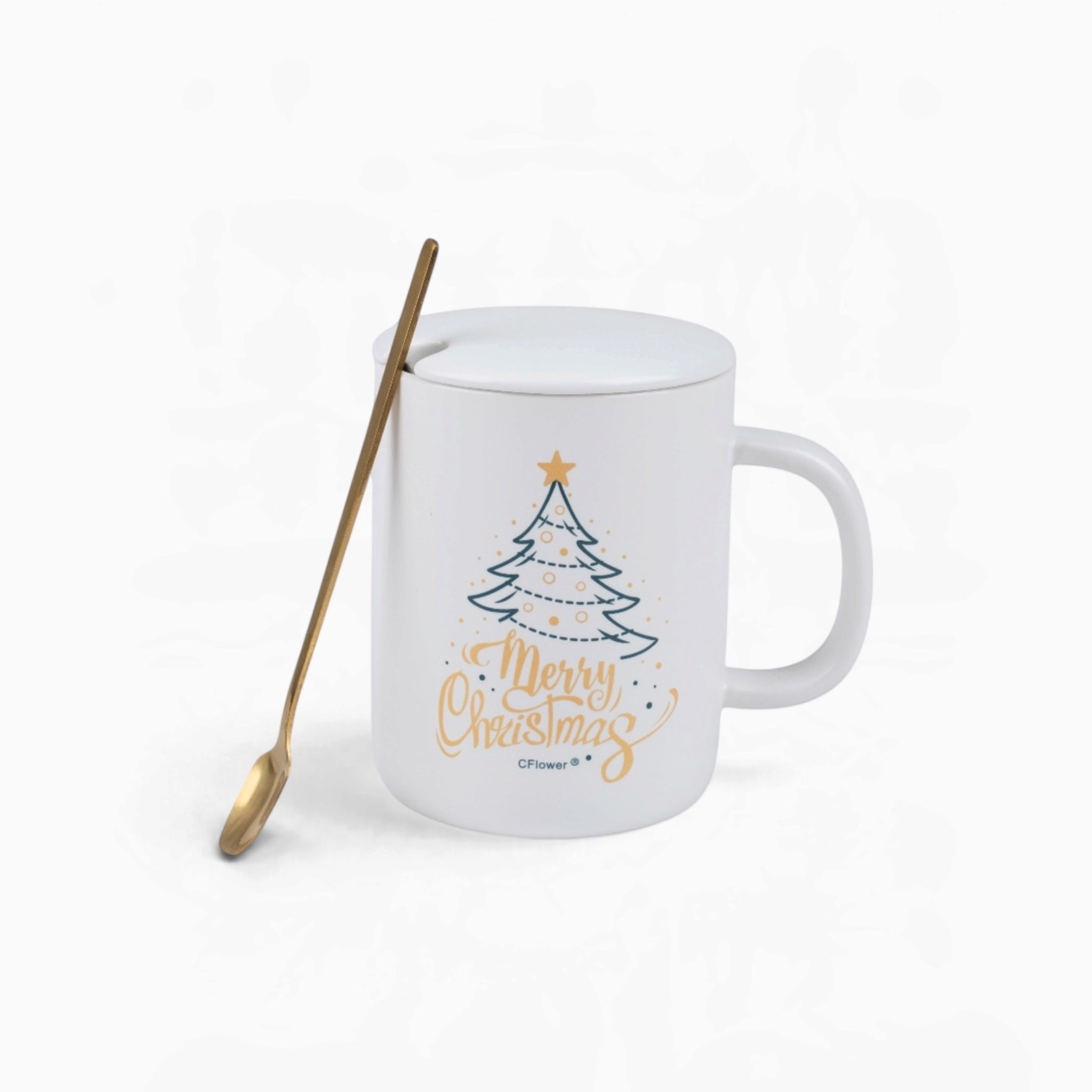 Merry Christmas Mug with Lid & Gold Spoon